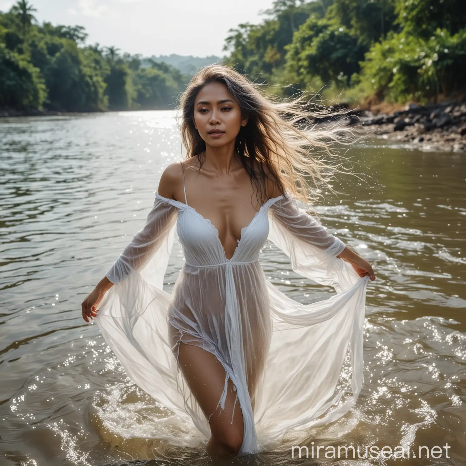 photo very clear sharp real full hd 8 k
an Indonesian woman in her 50s beautiful sexy long hair flowing down her body wearing a thin transparent white dress wet hair bathing by the river 
realistic photo natural colors 