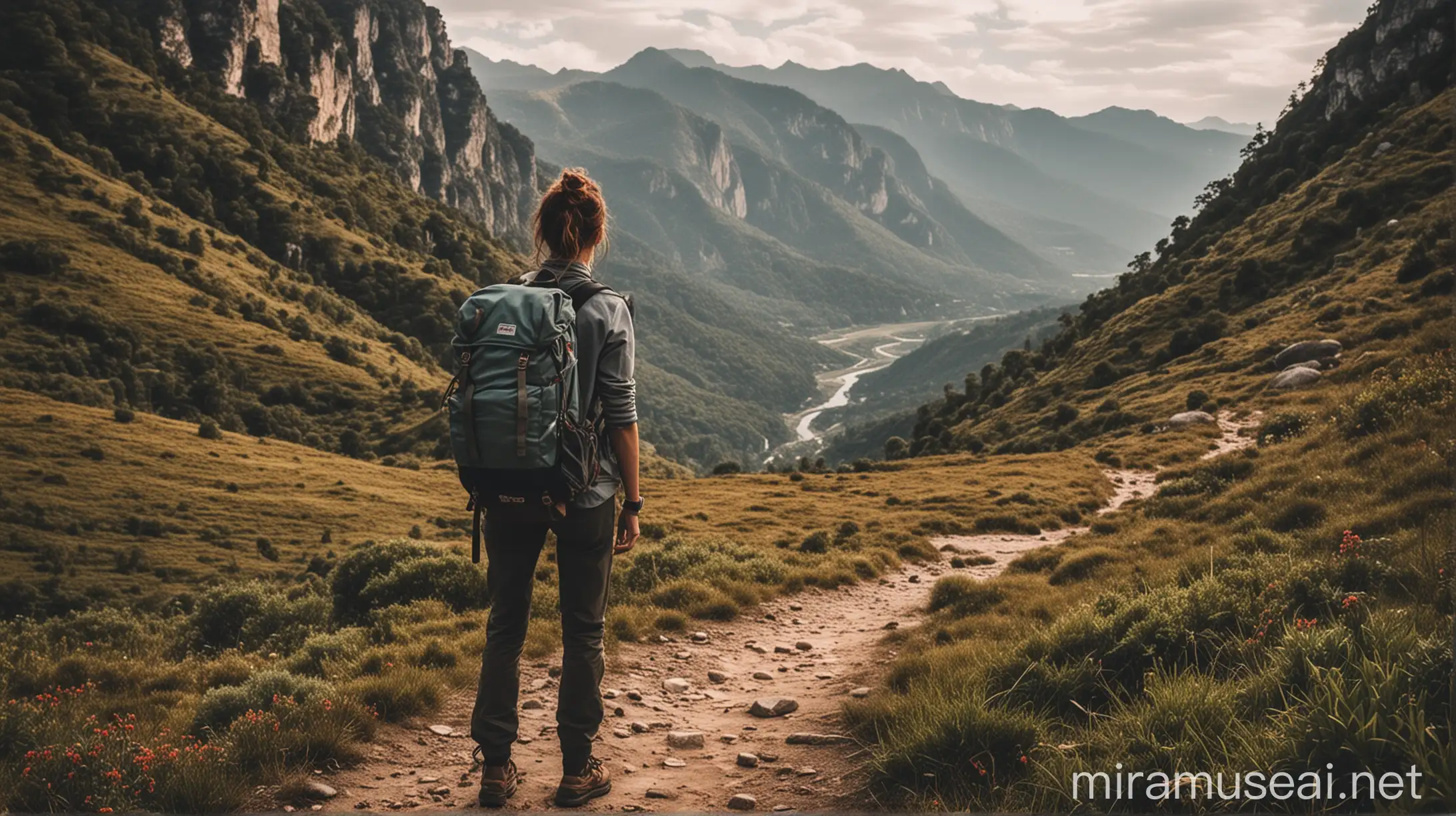 Adventurous Backpacker Exploring Mountain Wilderness