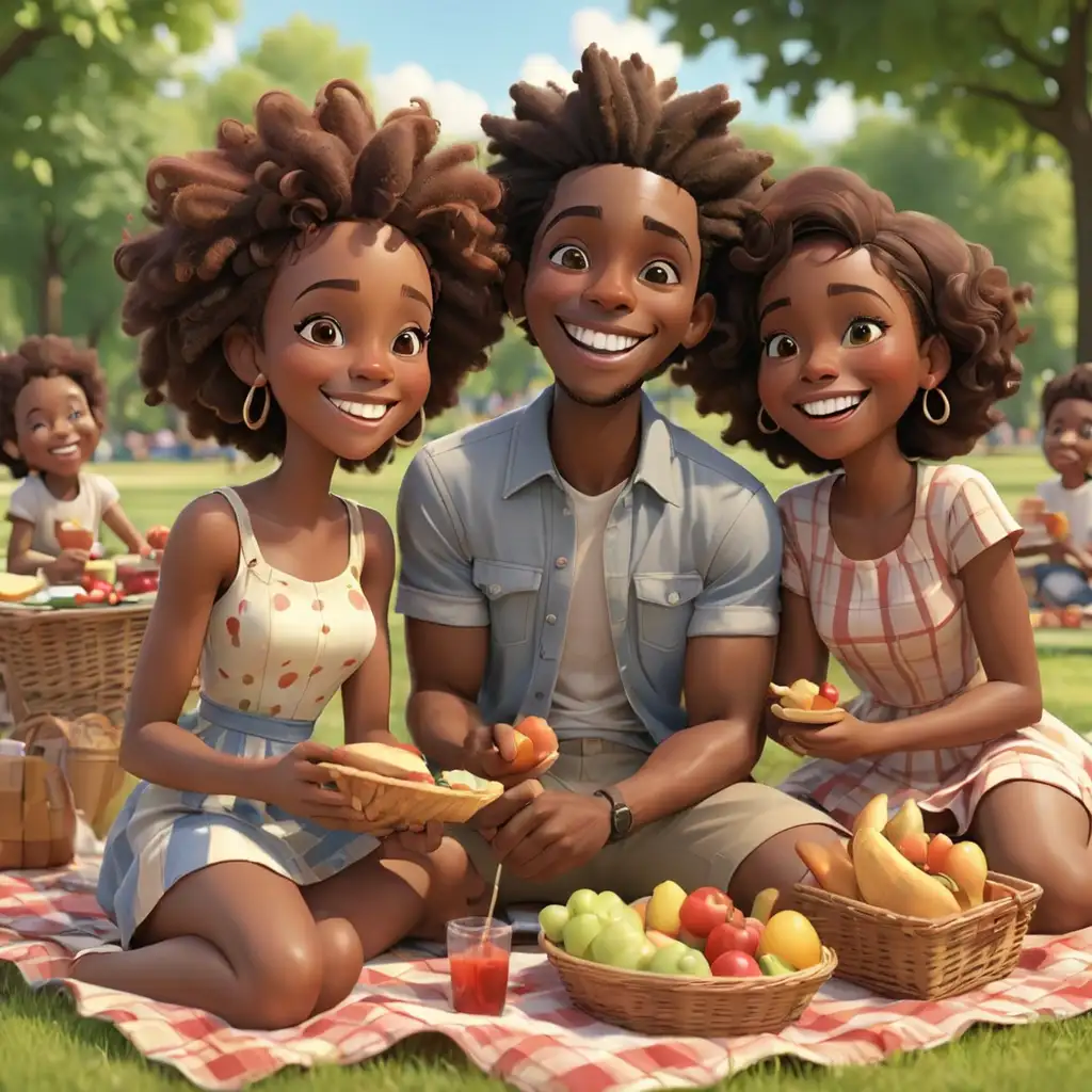 defined 3D cartoon-style African Americans having a picnic in the park smiling  