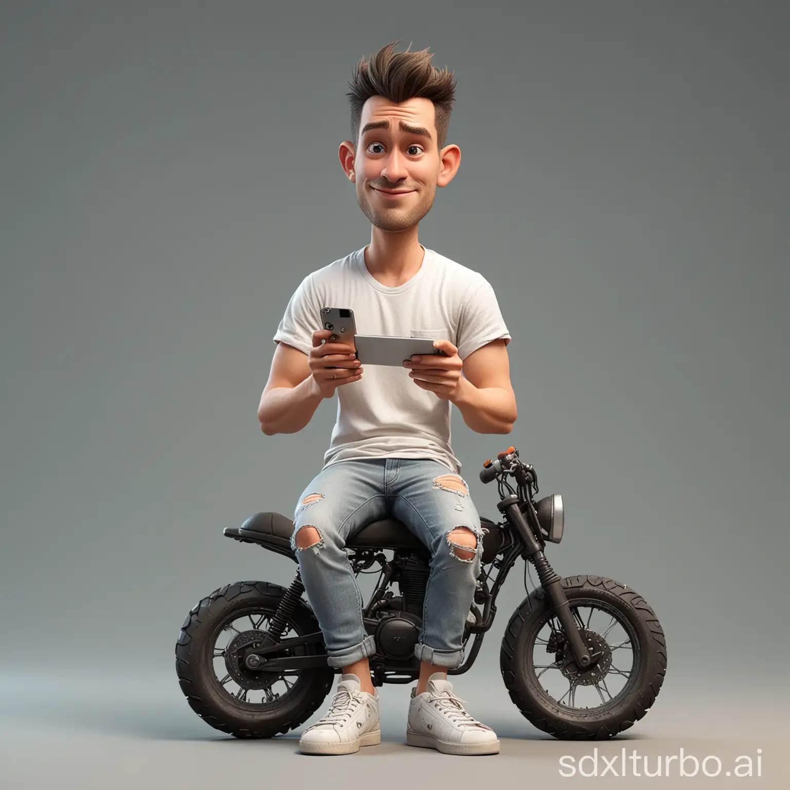 create a realistic 3D caricature Disney pixar style full body with a big head. 35 year old man, was sitting on a motorbike while playing on his cellphone. Wearing a white t-shirt covered with a cream colored shirt. wearing worn and torn gray jeans. Wearing white sneakers with black socks. Sit with your legs apart, right hand plucking the strings, left hand pressing the scales. The background is workshop and contrast. improves the overall composition of the image. Use soft photographic lighting, dramatic overhead lighting, very high image quality, clear character details, UHD, 16k