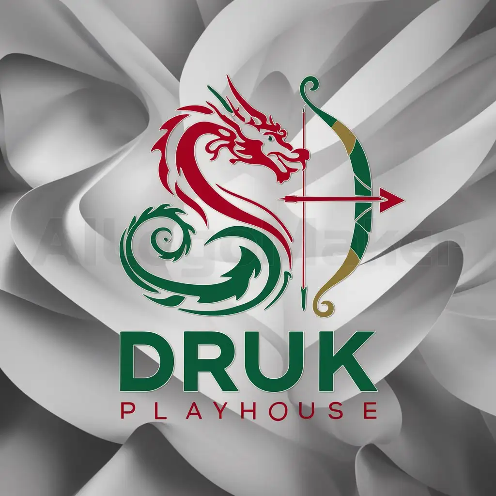 a logo design,with the text "Druk Playhouse", main symbol:A stylized dragon intertwined with a traditional Bhutanese bow and arrow, symbolizing archery. Elements of Khuru (traditional Bhutanese dart game) subtly integrated into the dragon’s design. Colors: A combination of vibrant red, green, and gold to represent Bhutanese culture and the vibrancy of games.,Moderate,be used in Entertainment industry,clear background