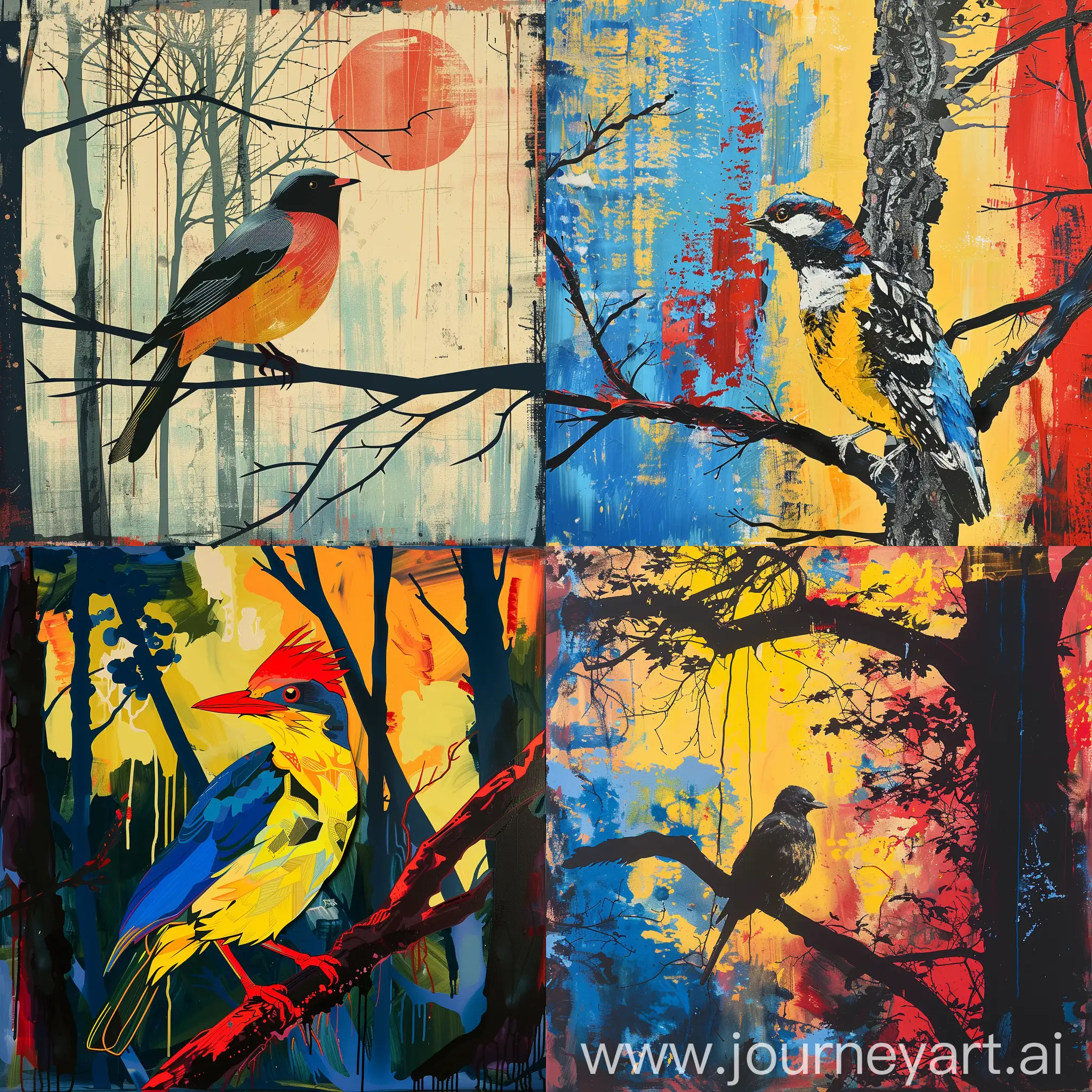 bird in a tree, 
forestpunk background, 
blue yellow red 
