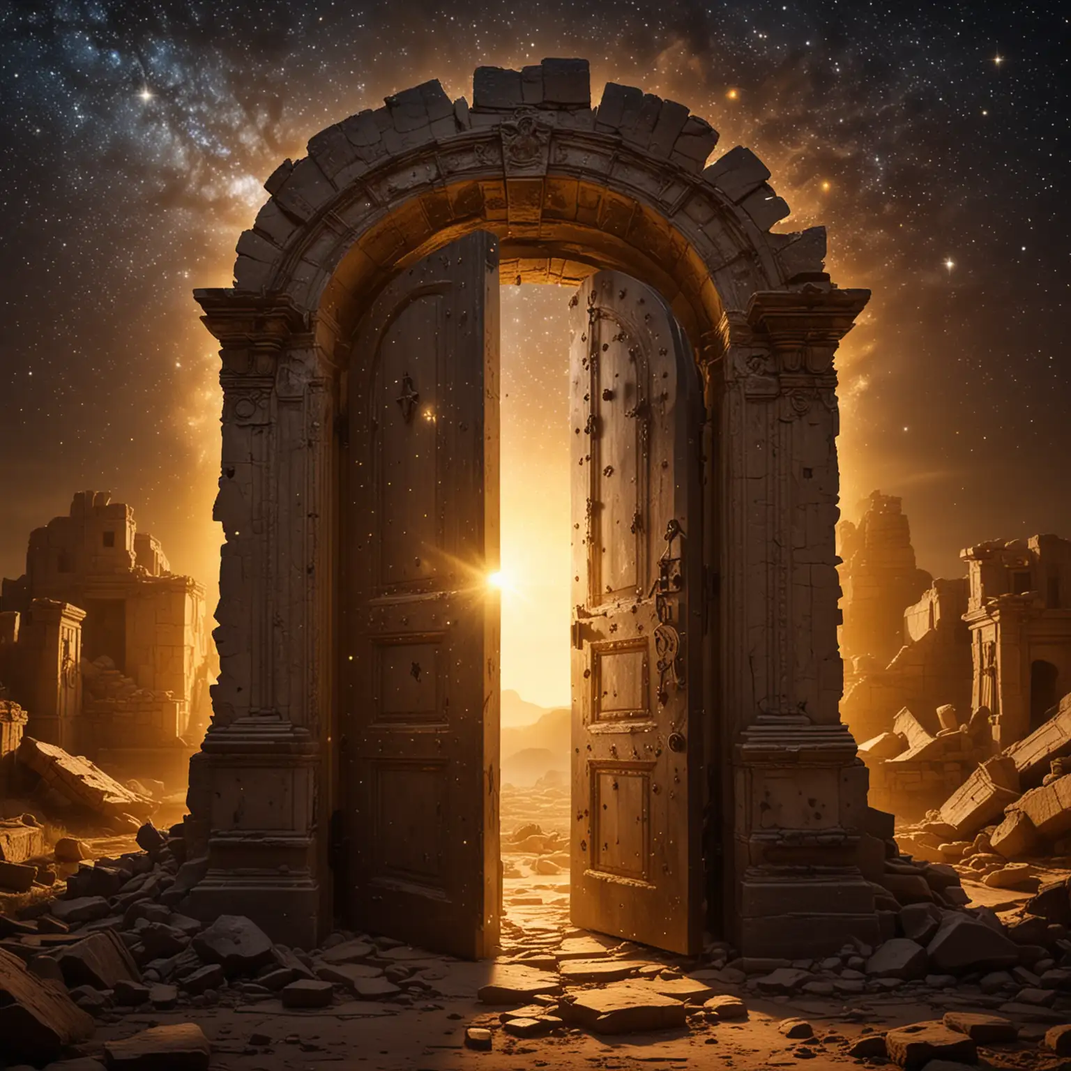 In the dark, star-filled sky, an ancient door stands open amidst a lot of ruins. A very strong bright golden light emanates from the doorway, casting its radiance far and wide.