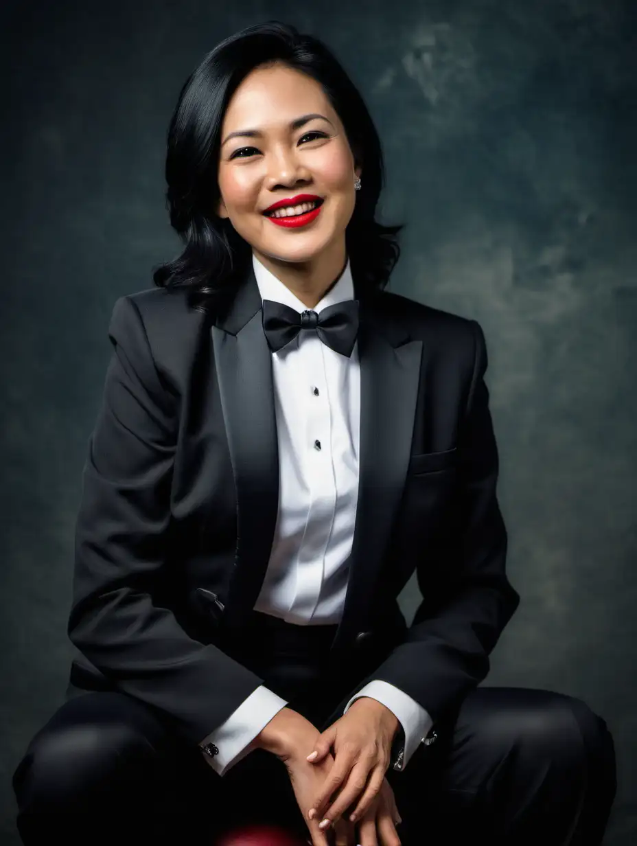 A portrait of a pretty 40 year old Vietnamese woman with shoulder length black hair and red lipstick is sitting in a chair.  She is facing forward.  She is smiling and joyful and ecstatic.  She is wearing a tuxedo.  (Her jacket is open.) (Her pants are black.) Her shirt is white with a black bow tie.  Her cufflinks are large and black.  Her jacket has a corsage.