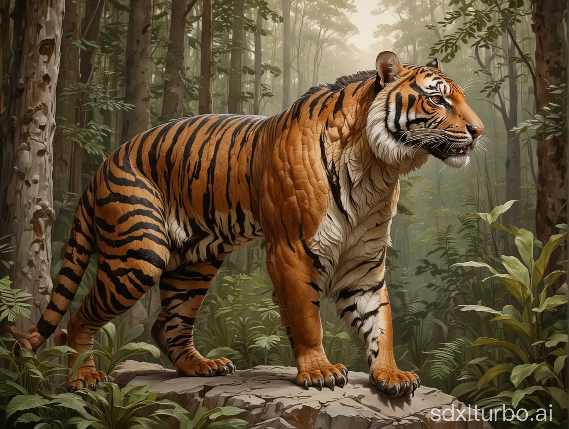 A painting of a full body, profile shot of a tiger-pangolin hybrid, with a background of a rocky forest, in the style of painting by Leyendecker.