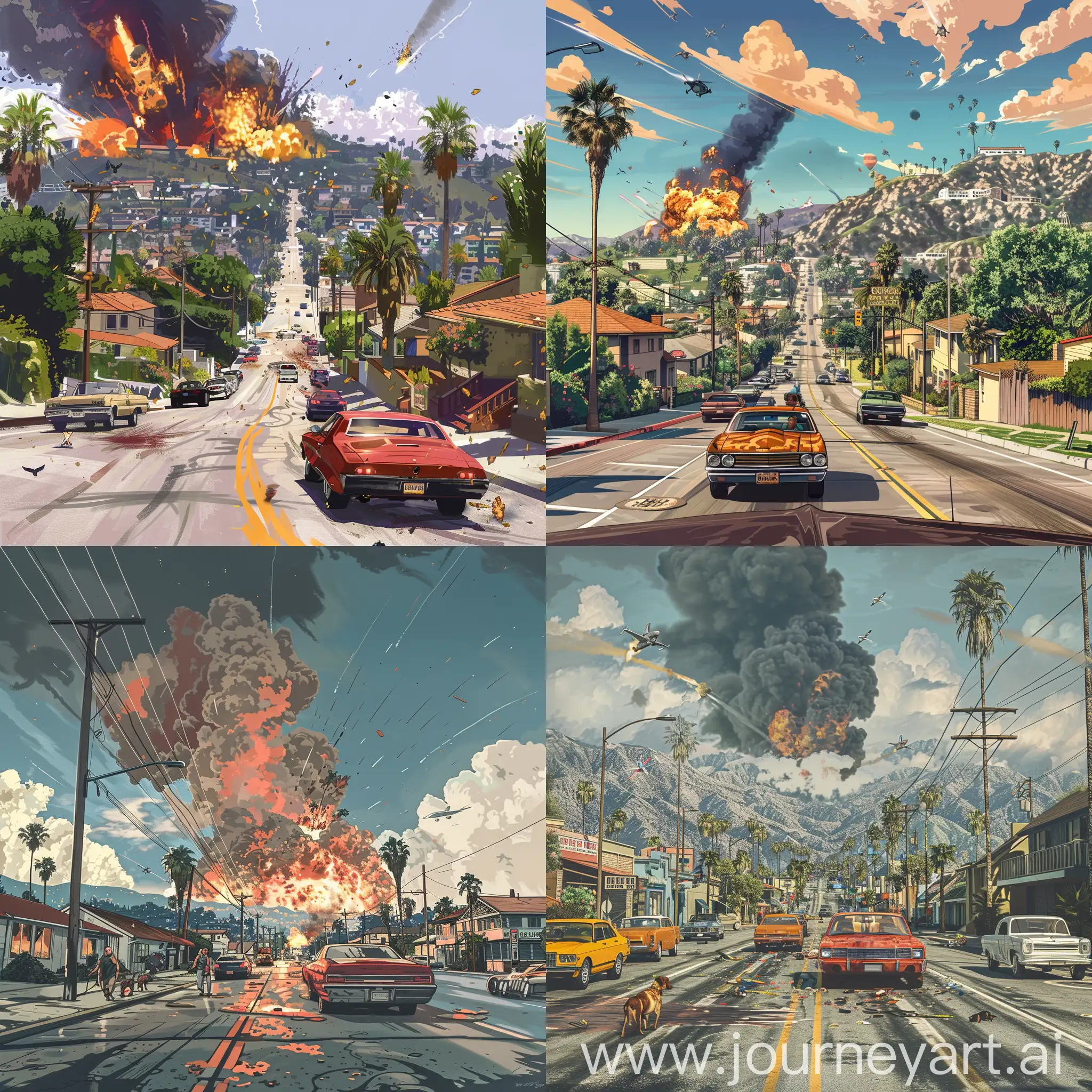 Busy-Urban-Scene-GTA-5Inspired-Street-with-Cars-Houses-People-and-Explosions