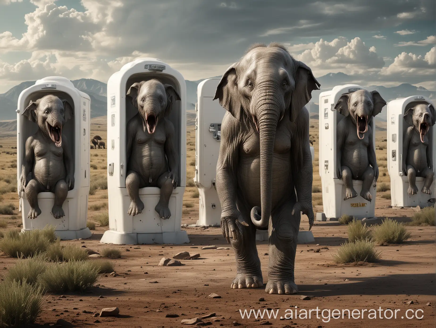 создай пожалуйста изображение, на котором все версии джокера объединяются со скибиди туалетами и нападают на северную дакоту, где живут только медведи, слоны и трехметровые инопланетяне из фильма ET