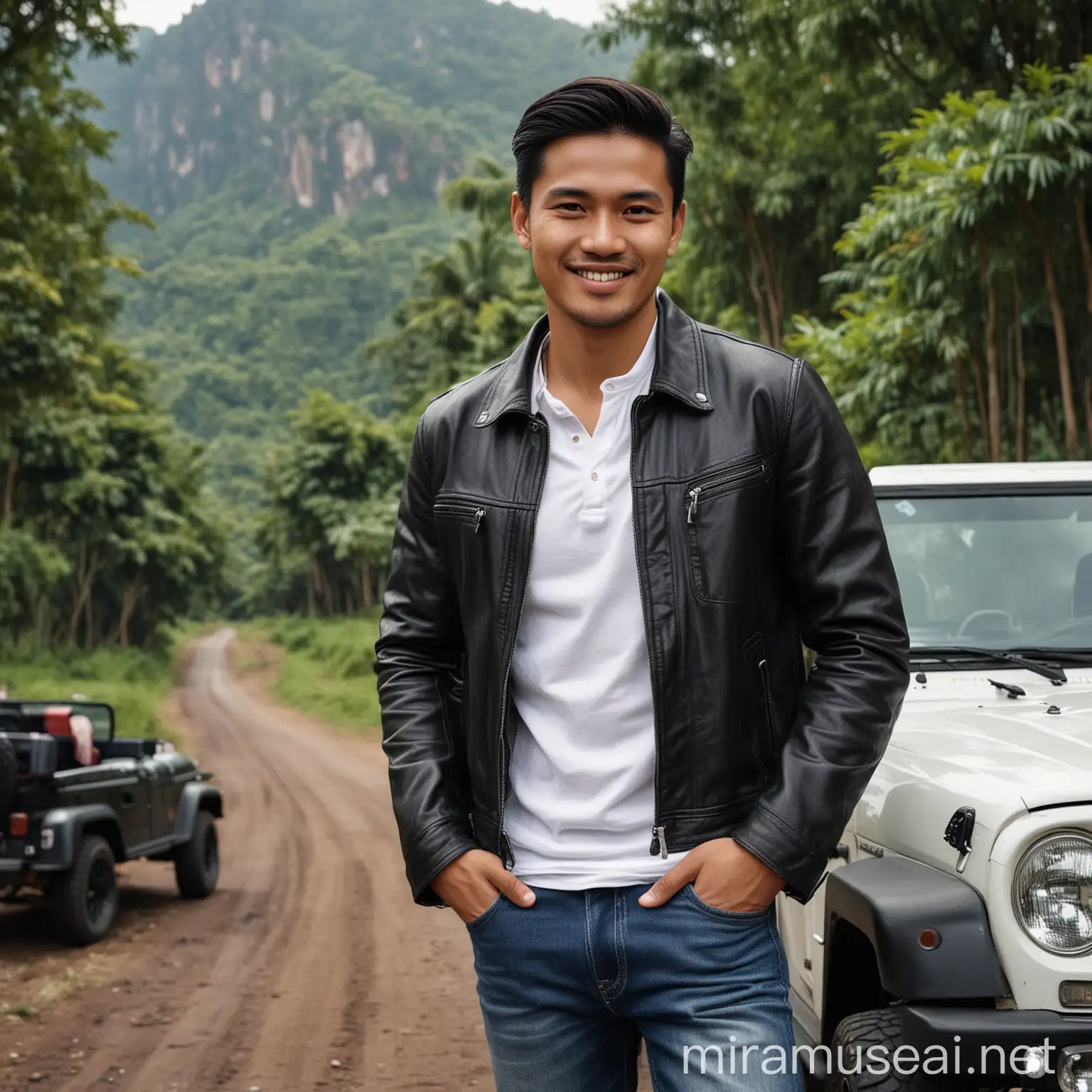 Stylish Young Man Posing with Black Jeep against Mountain Landscape