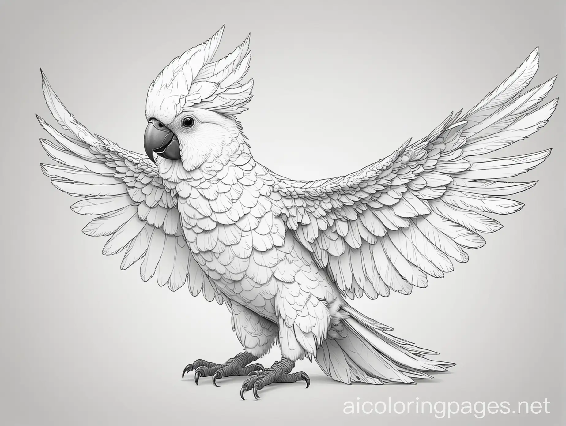 A polygon style drawing of a cockatoo with his head, feather sticking straight up in his wings out to the side like he’s flustered. Around him, our children’s toys, such as toy cars, and stuffed animals., Coloring Page, black and white, line art, white background, Simplicity, Ample White Space. The background of the coloring page is plain white to make it easy for young children to color within the lines. The outlines of all the subjects are easy to distinguish, making it simple for kids to color without too much difficulty
