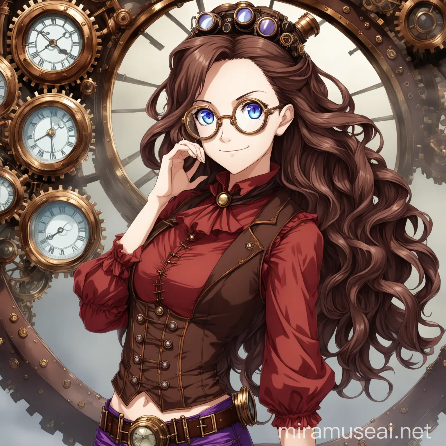 Visualize a slim steampunk woman with beautiful features and (((brown))), long wavy hair), dressed in  (red blouse closed at the top and open at the bottom bunched up showing her midriff, a short purple vest, purple steampunk pants), glasses with large lenses, blue eyes, look of defiant smile, in anime style