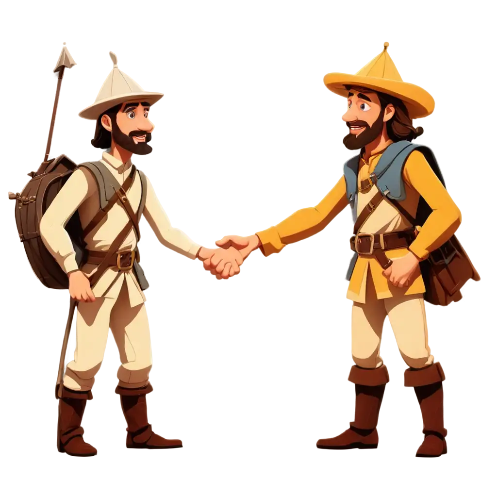 Two medival explorers shaking hands in cartoon style