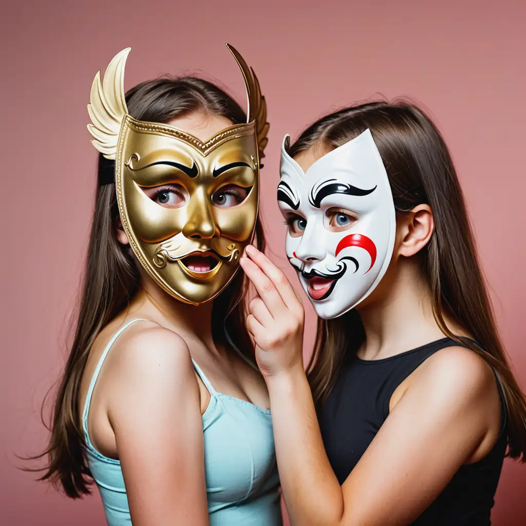 Две девушки в театральной маске  комедии пытаются снять маски с лица друг друга