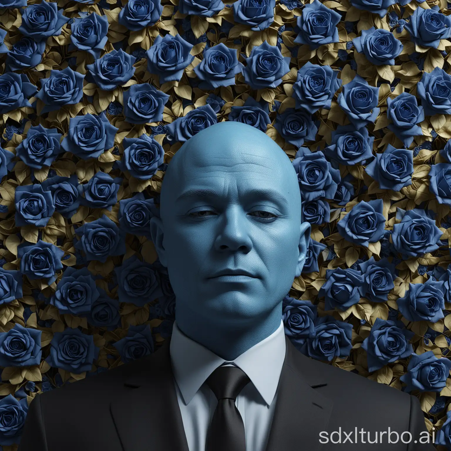 3D image of a 45-year-old man with a shaved face and a black suit and a blue tie behind his head is a wall of blue roses