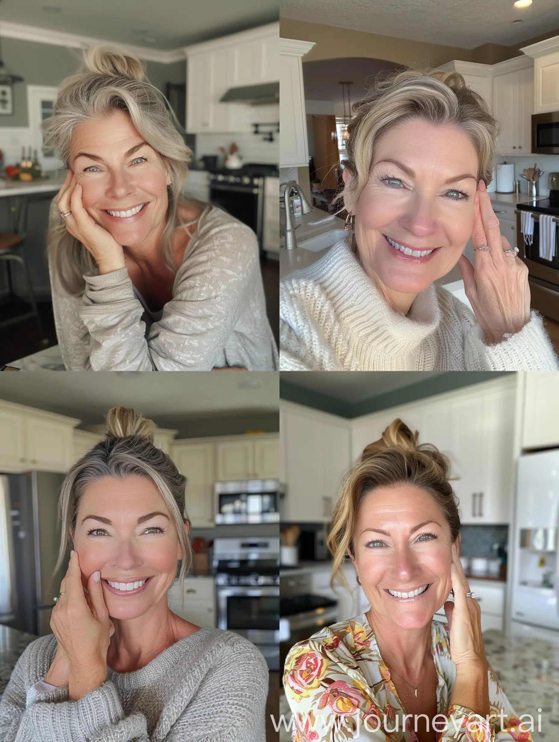 Aesthetic Instagram selfie of an average suburban white mother in her kitchen, smiling, Karen, super model face, in her 40's, gorgeous, high cheekbones, jawline, one hand on cheek, wedding ring 9:16