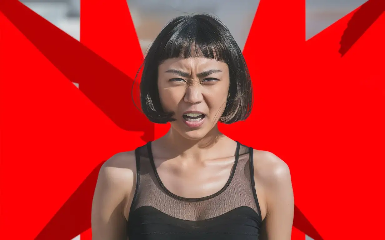 Asian-Woman-with-Bob-Haircut-in-Black-Sheer-Tank-Top-Expressing-Anger-Against-Red-Background-Realistic-Photo-in-Daytime
