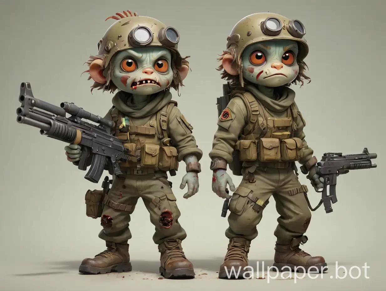 2D cartoon, zombie goby, multiple poses, full body, Special Forces grimy clothes, with boots and helmet, with a machine gun, with clear background
