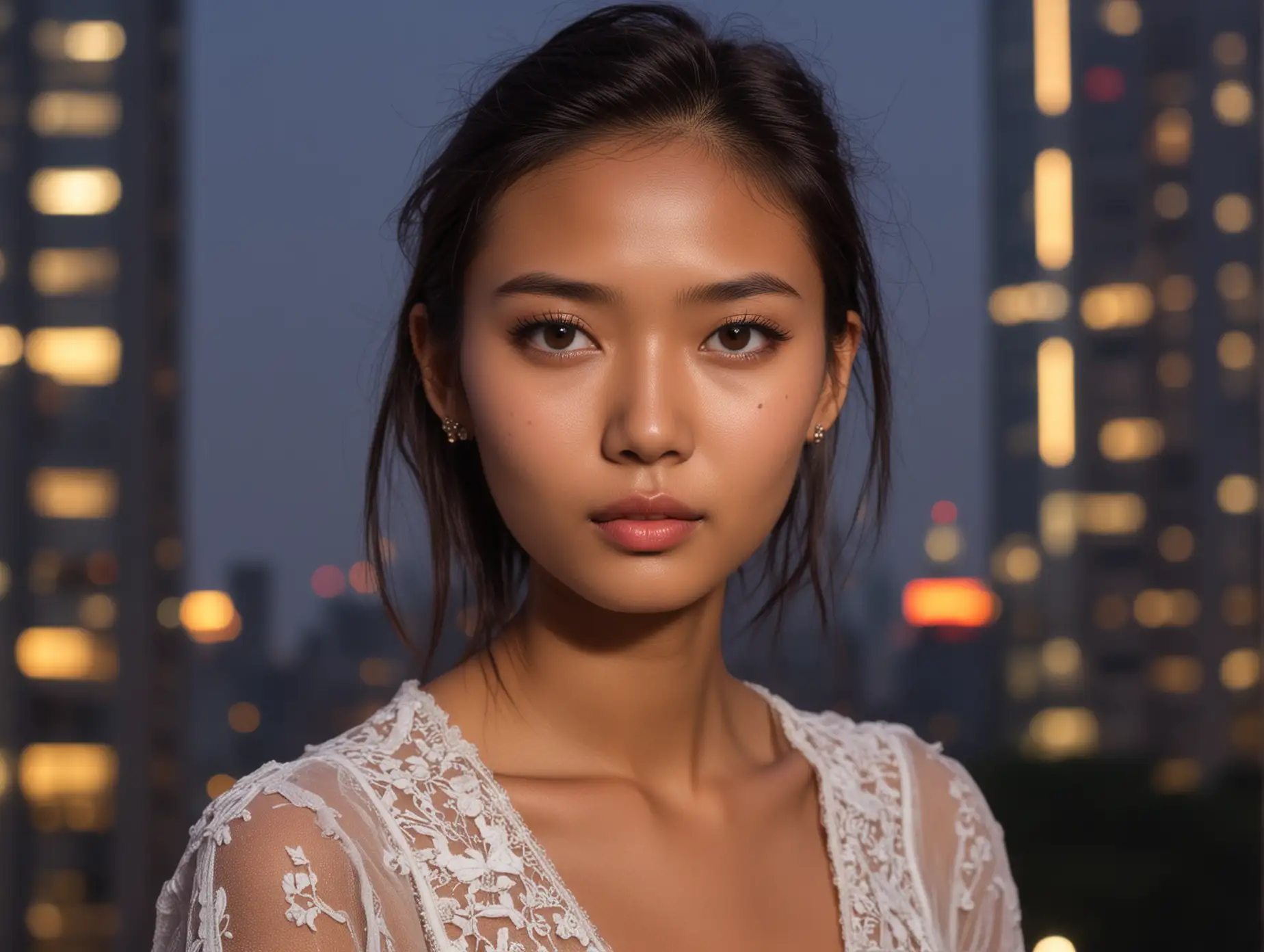 face of an angelic sweet skinny dark-skinned fashion model from myanmar at a party at dusk in a luxury high rise in shanghai. she has a sweet kind face and soulful intelligent eyes.