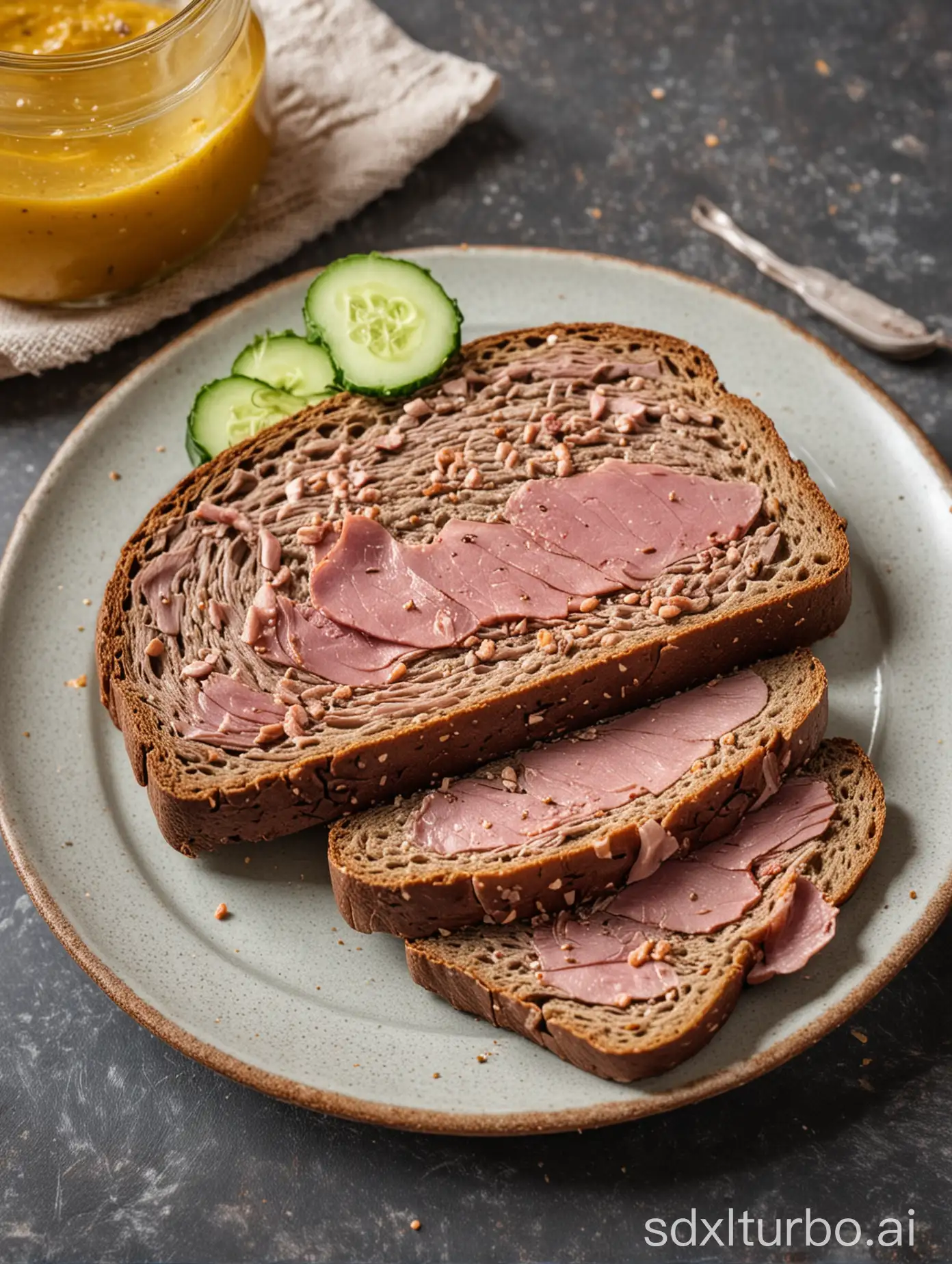 A slice of German black bread lies on a plate. On the slice lies a slice of cooked ham. The rest of the bread loaf is not filled with ham. On the plate there is still a cucumber and some mustard.