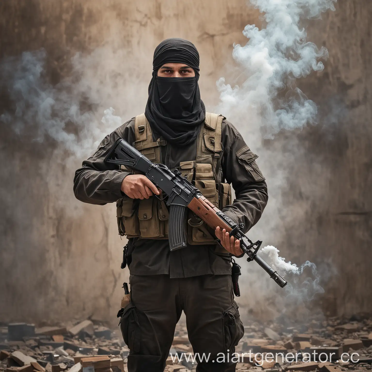 терорист стоит с ак-47 и курит