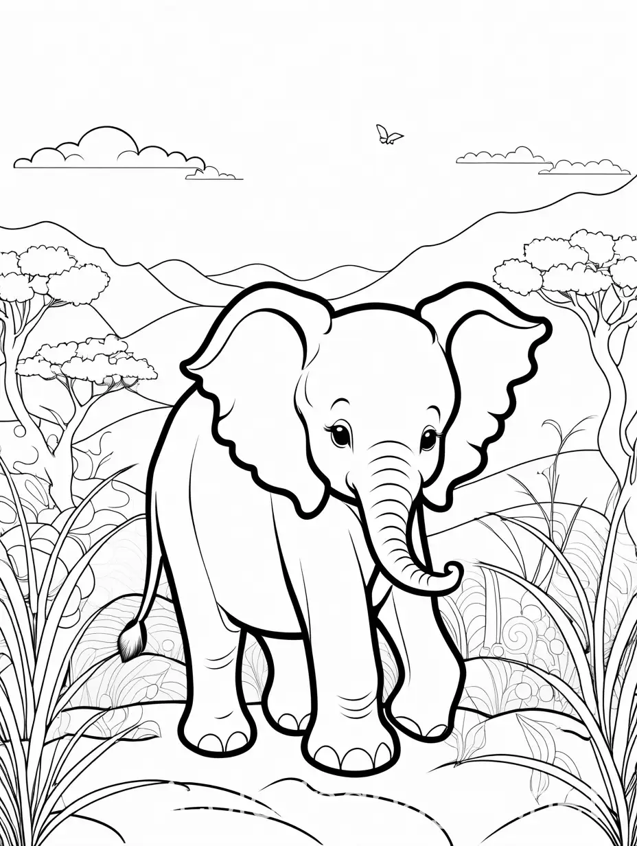 a cute baby elephant in savannah, Coloring Page, black and white, line art, white background, Simplicity, Ample White Space