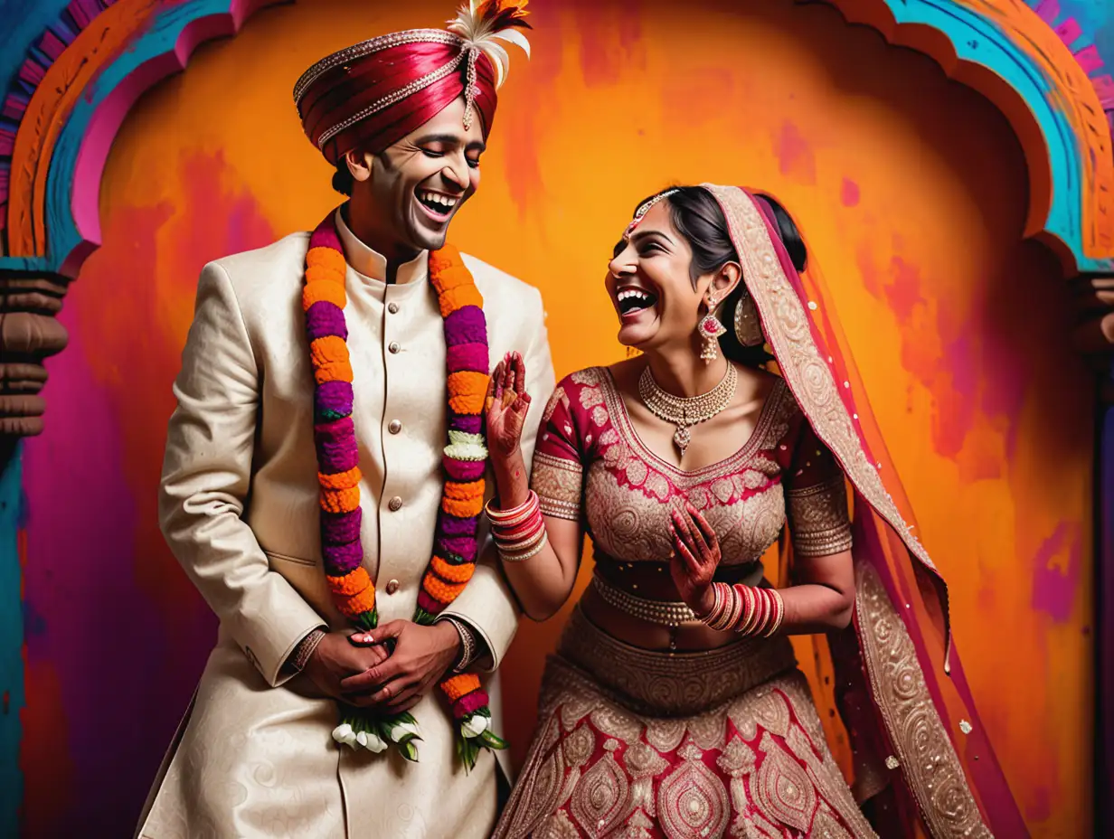 Full body photo of Indian bride and groom laughing joyfully in the style of Indian artist Mario Miranda, 4k, vivid colours