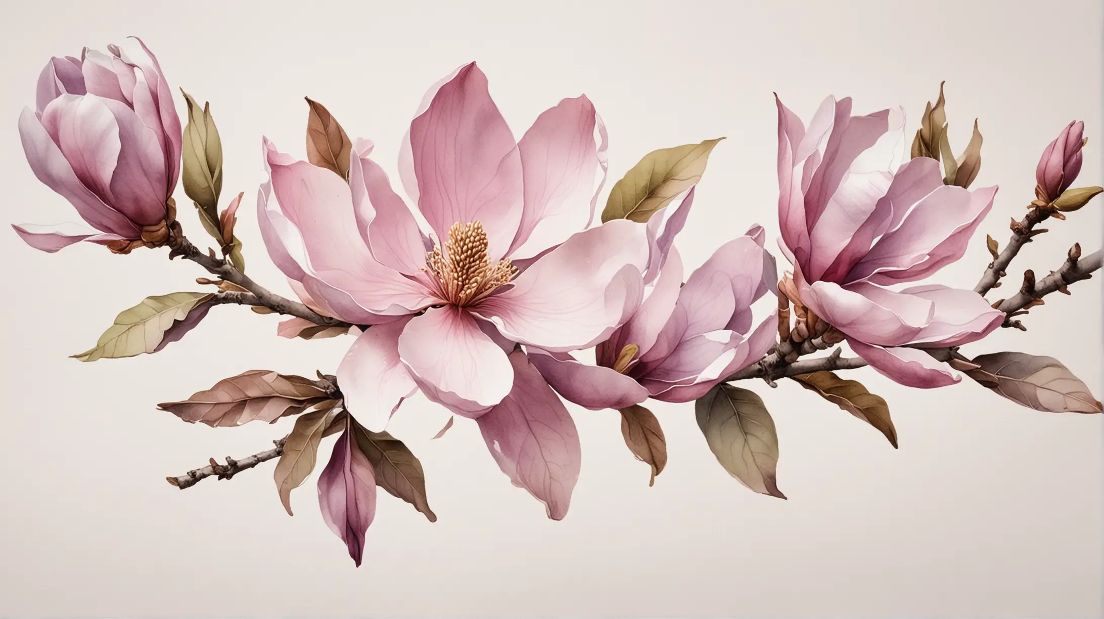 watercolou painting, branch with mauve coloured magnolia flowers, isolated on a solid white background