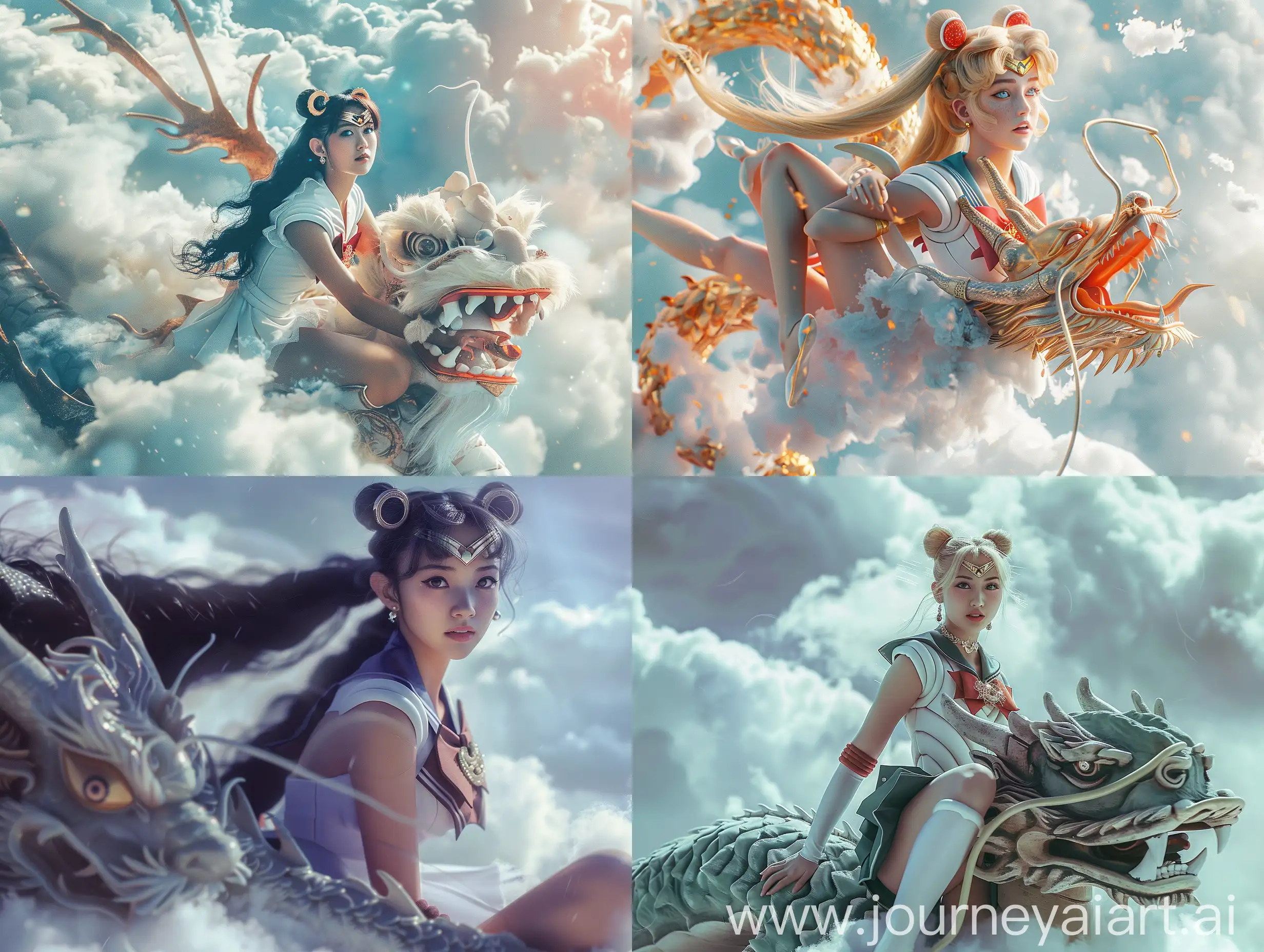 A 20-year-old Sailor Moon, sitting on a white dragon head, (Chinese Dragon: 1.5), close-up, flying on white clouds, girl half body, portrait photography, 8k, movie lighting effects, perfect pose