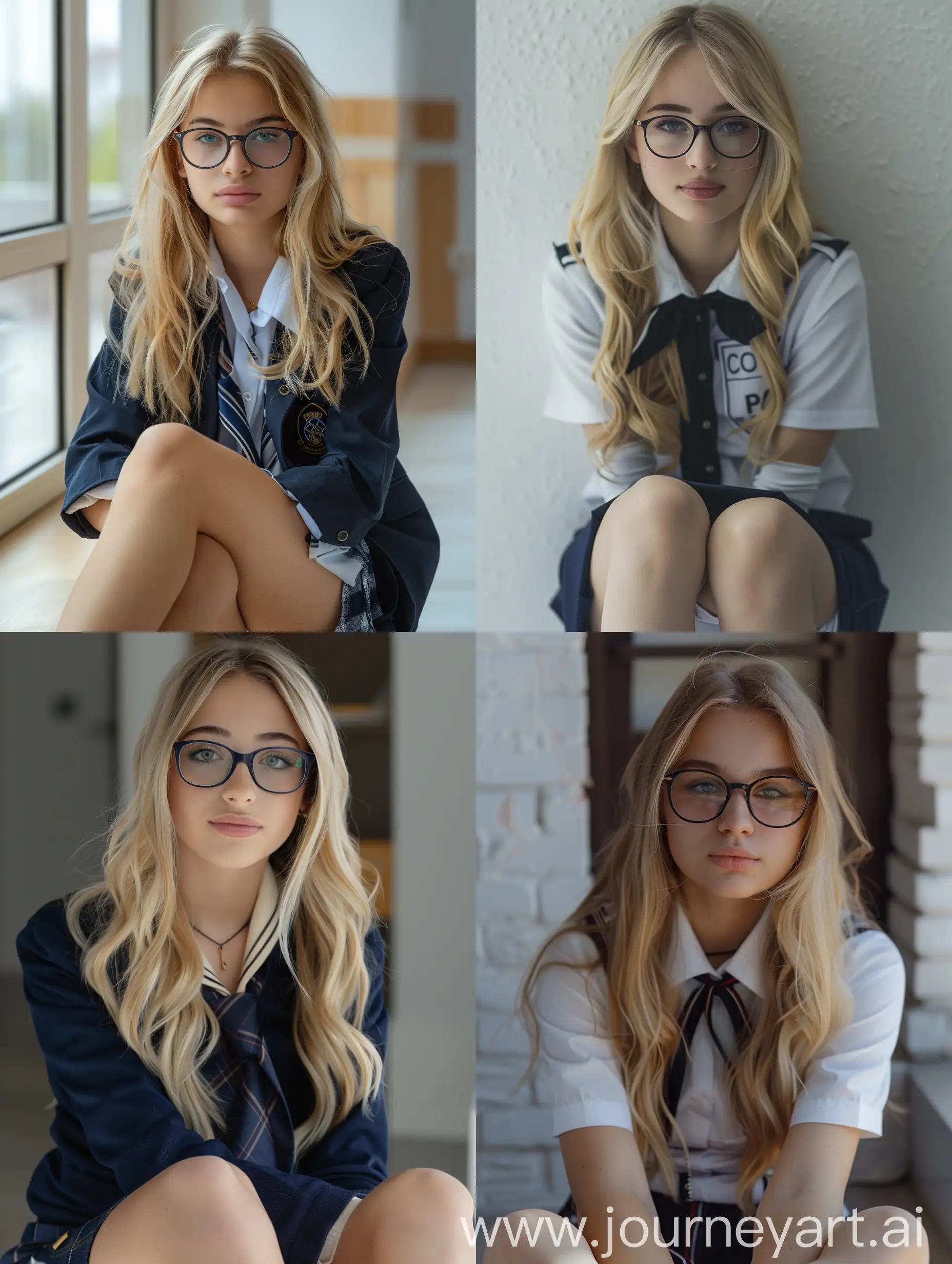 full shot of a woman, glasses, ,crossed legs, makeup, 18 years old, sitting, wearing school uniform, at school, blonde hair, beauty, down view, natural , no effects, fitness