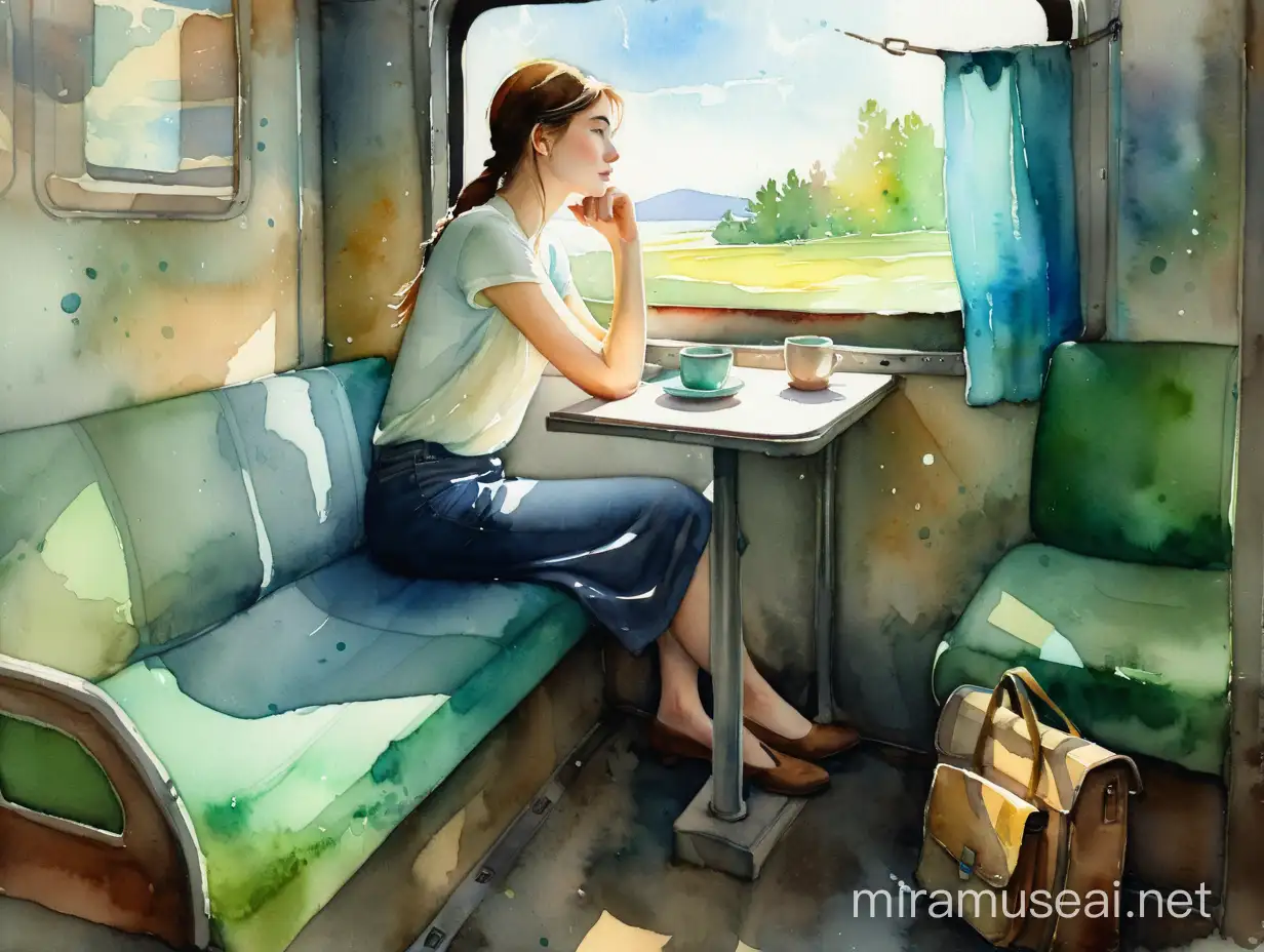 девочка сидит в купе поезда и смотрит в окно, watercolour style by Alexander Jansson