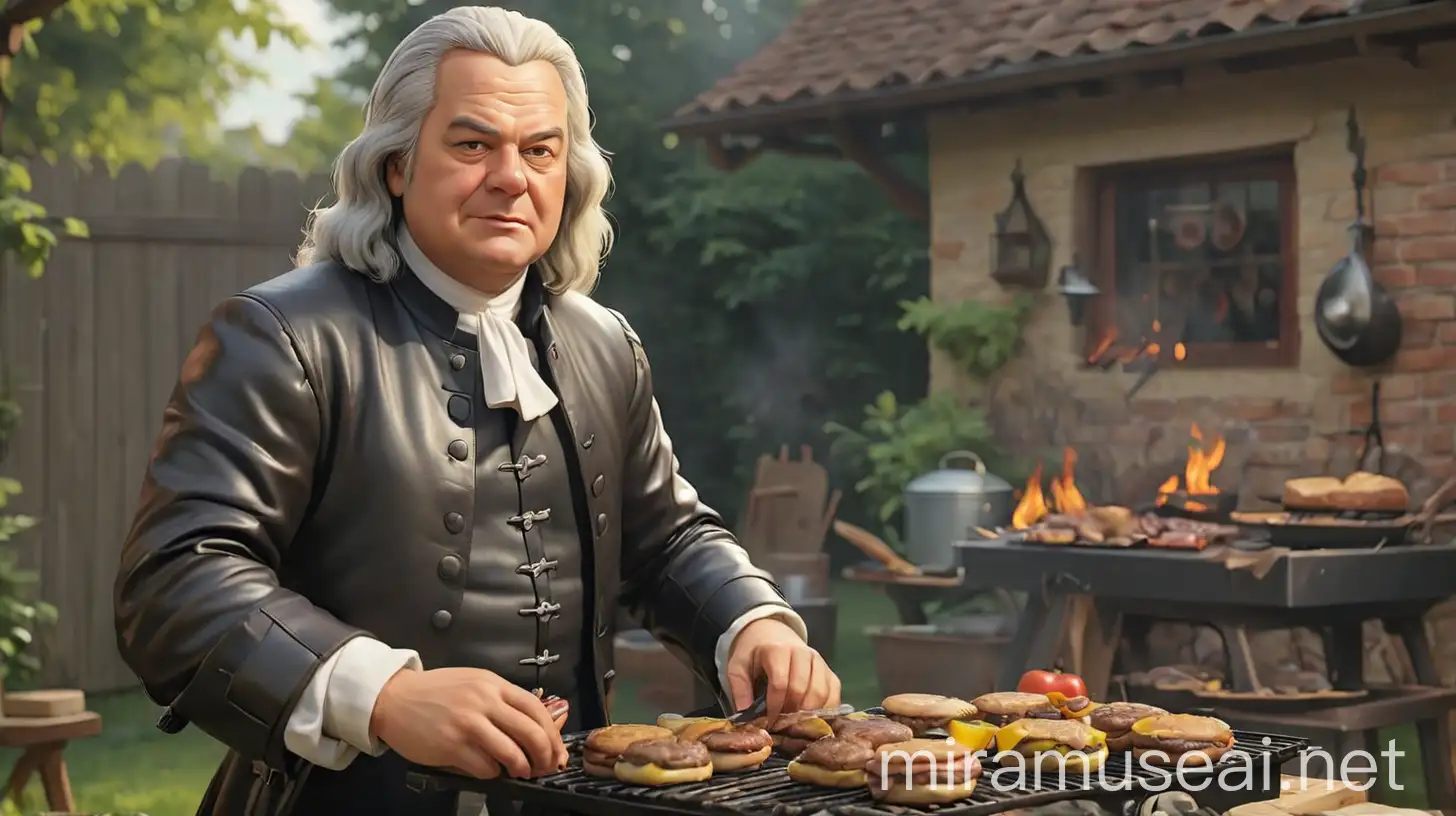 Johann Sebastian Bach dressed in leather grilling burgers in his backyard