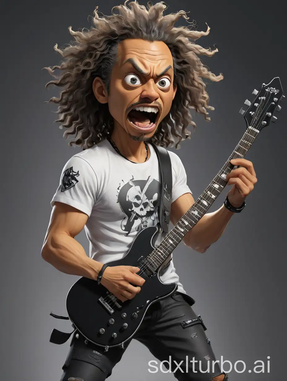 caricature of kirk hammett playing an electric guitar in the middle of a performance, wearing a white t-shirt and black shirt, the design is complicated, adding to the rockstar aesthetic in the eyes of the audience. Gray background, visual representation of a rock or metal concert atmosphere
