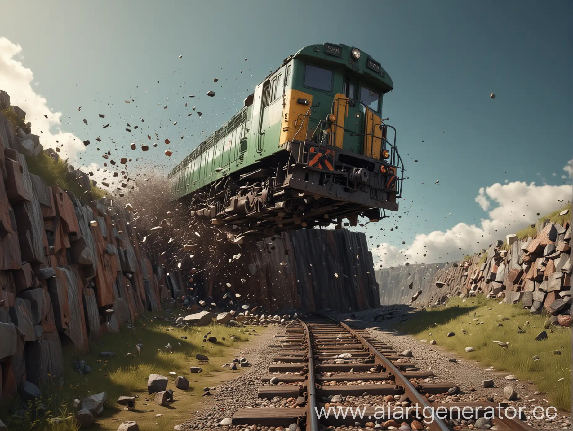 generate a 3d a train falling down into pound. use the renderman nderer.3d. digital art. high definition, high contrast, high color saturation.