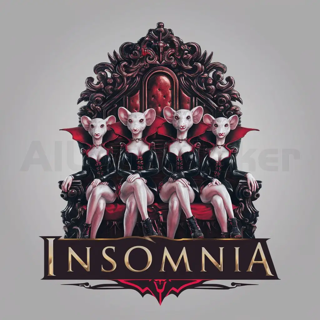 a logo design,with the text "Insomnia", main symbol:4 rats girls vampires, sitting on throne, red, black, gold,complex,be used in Others industry,clear background