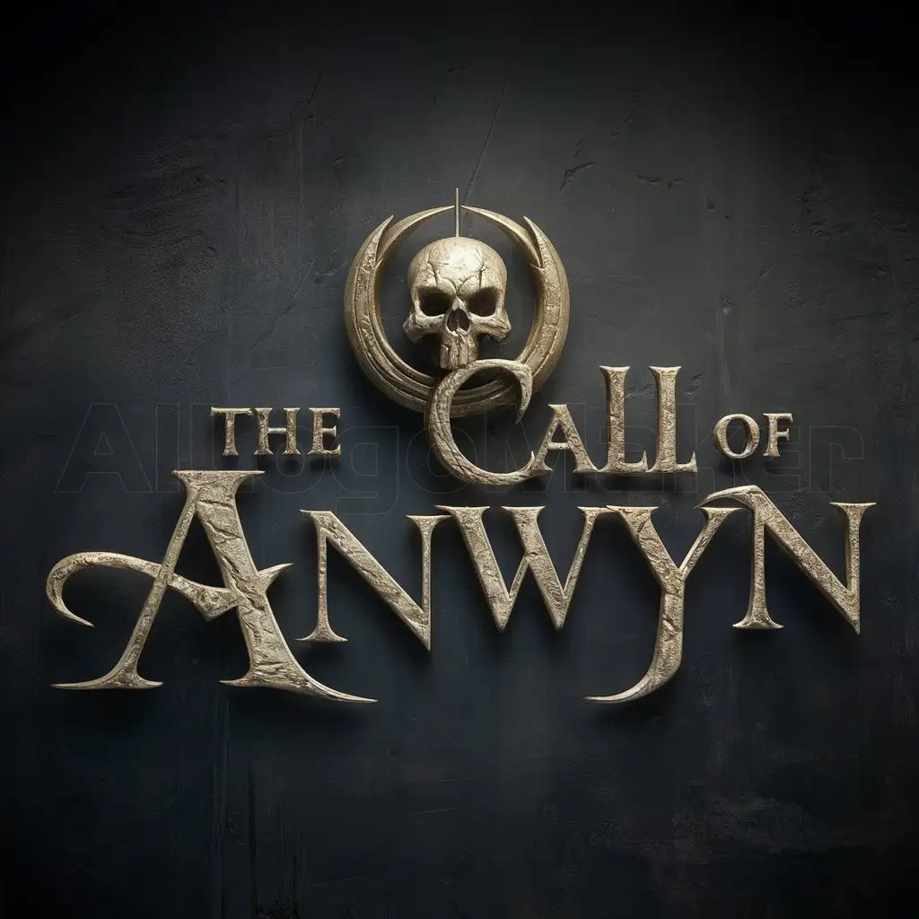 a logo design,with the text "The call of Anwyn", main symbol:LOGO SYMBOL: clean sign logo with wording: The call of Anwyn, 3d render, typography, majestic, intricate, elegant, realistic proportions, highly detailed, dark fantasy, photo, cinematic, gry scale, no color, dark grunge background, HQ, concept art, ray tracing, smooth, sharp focus, cinematic lighting, intricate background, Epic Cinematic Text Effect, creative logo design art, skull centered,Moderate,clear background