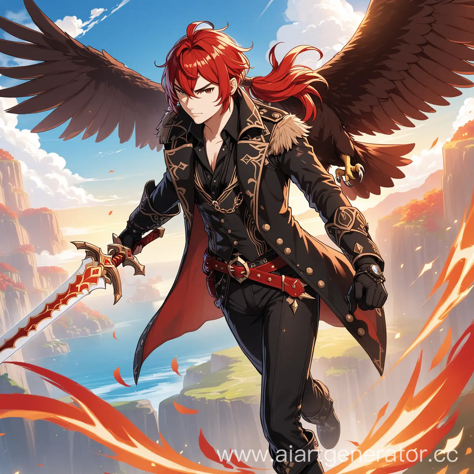 Дилюк из геншин импакт, красные волосы, причёска красный хвост, в руках двуручный меч, рядом пролетает орёл
