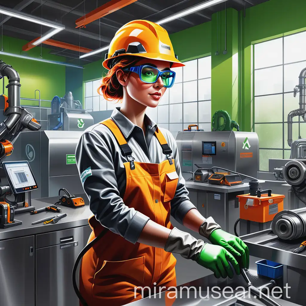 Create a fal and colorfull illustration of a woman working with stainless steel in a clean, modern, and aesthetically pleasing industrial setting. Emphasize sustainability with visible recycling stations, energy-efficient lighting, and green walls. The woman is wearing protective gear (helmet, safety glasses, and gloves) and practical work clothes. Surround her with modern tools and machines like CNC machines and welding equipment. The environment should be bright and well-organized, with natural light from large windows, polished concrete floors, and white walls.