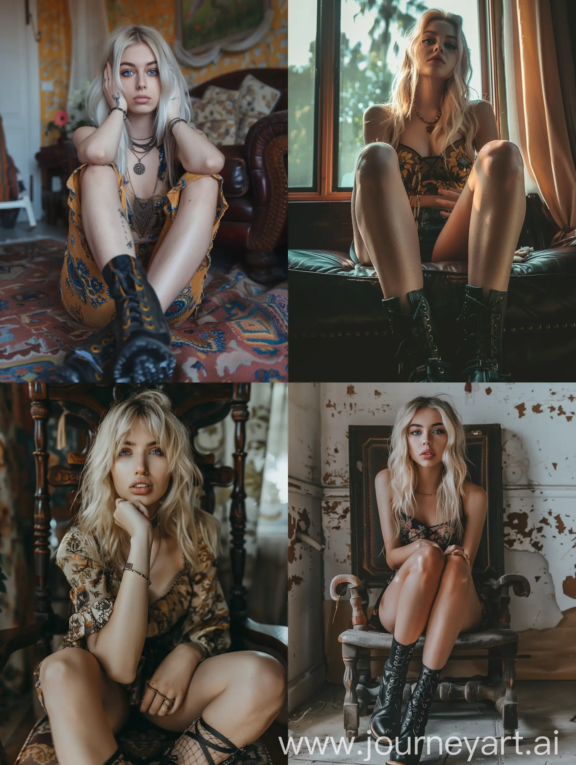 a blonde young woman, 20 years old, influencer, beauty, dressed like an indian,  Indian fantasy, makeup,, ,, black boots, ,sitting, ,fat legs, , socks and boots, 4k, sitting onchair, dental braces, blue eye,
, , close up, front view, no filters, no effects, natural, iphone photo