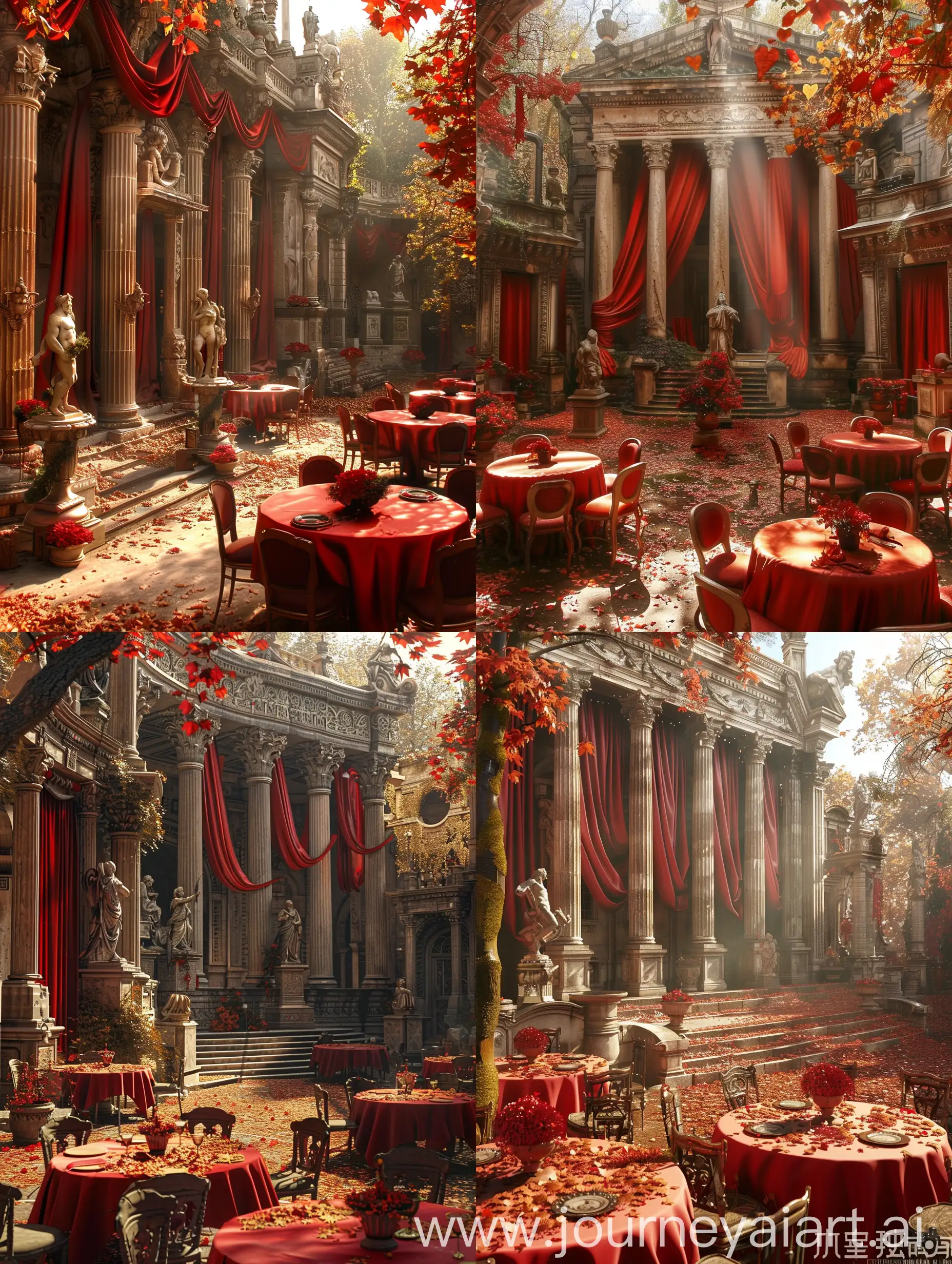 A breathtaking scene of a classical architectural setting, featuring a grand central building adorned with tall columns, intricate carvings, and statues, all accentuated by red drapery. The autumn ambiance is evident with fallen leaves scattered on the ground. Round tables with red tablecloths and chairs fill the foreground, hinting at a future meal or gathering. Ornate flower pots with vibrant red blooms add a touch of color to the stone environment. Sunlight filters through the trees, casting dynamic shadows and highlighting the architectural beauty. The atmosphere is serene and majestic, capturing an aura of timeless elegance.