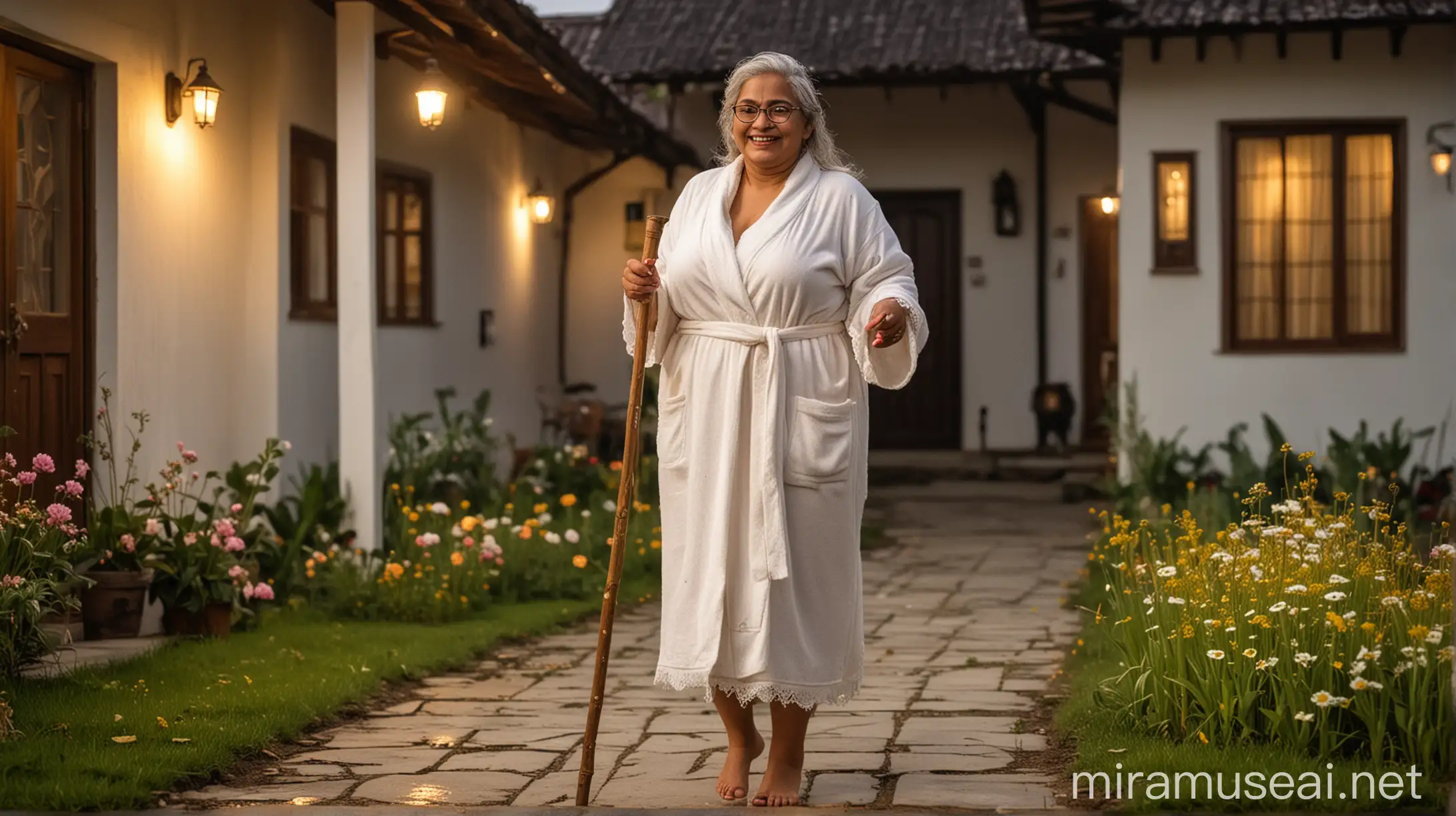 sweet faced old desi  very curvy  fat   woman  with big breasts with tick hair binding on head and big belly walking with one  wooden walking stick wearing   only a white bath robe  on her body  and a golden neck lace and a spectacles. she is happy and laughing . she is  walking with her dog  . its night  time and in background there is a luxurious farm house  with bulb light and luxurious house   with flowers and grass and concrete floor and it is raining . she is wearing heels on feet.