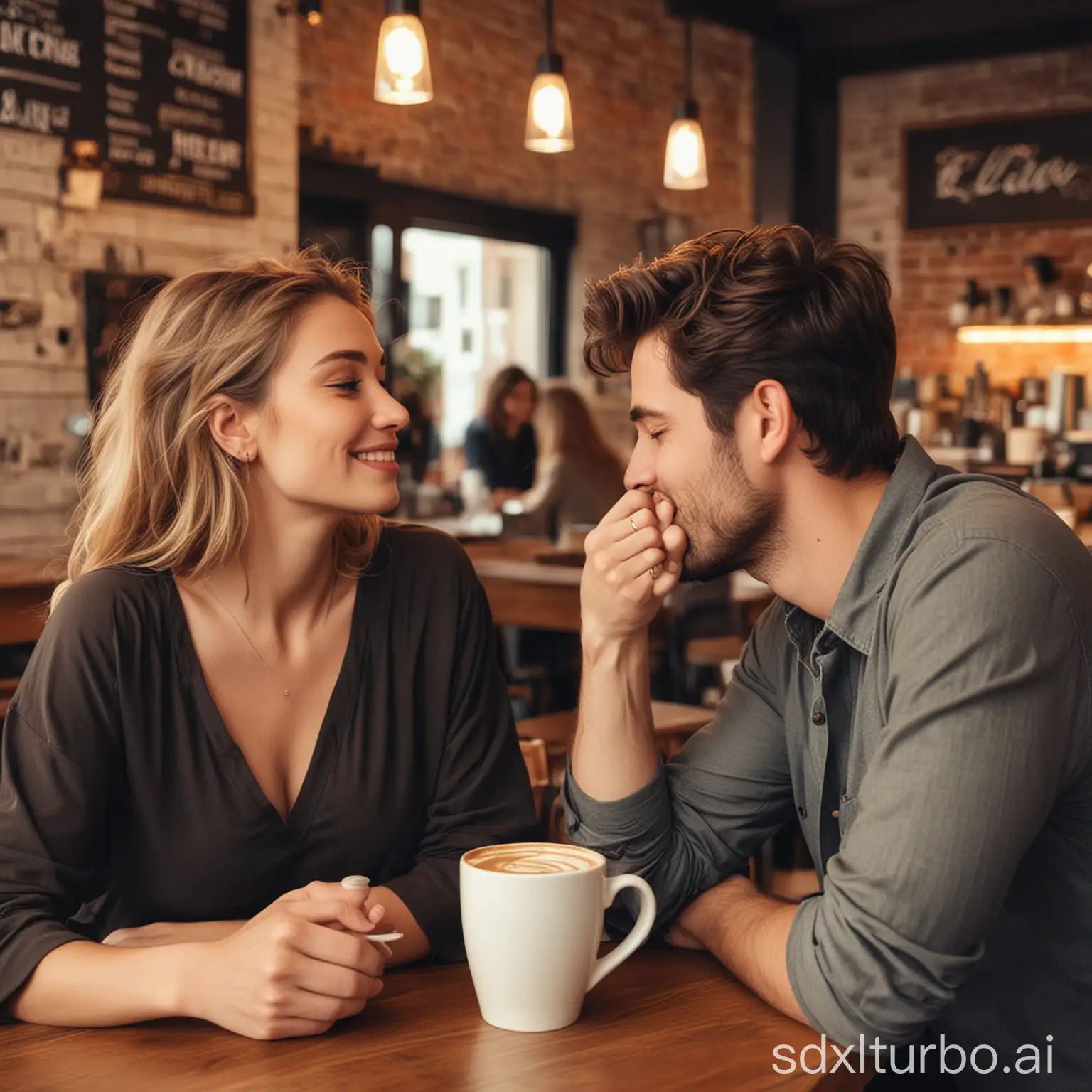 man falls in love in a coffee shop with a beautiful woman