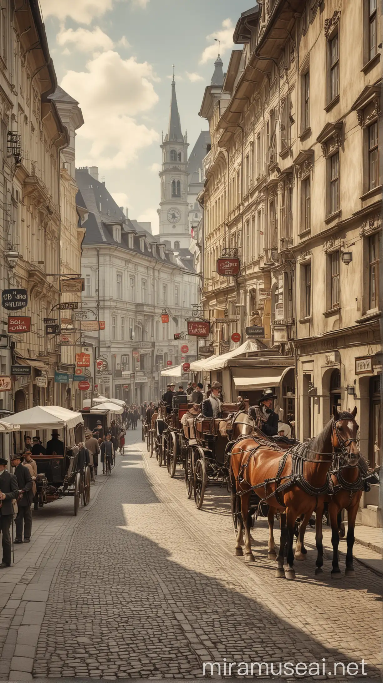 A vintage street scene of 1900s Linz, Austria, with horse-drawn carriages and people bustling about. hyper realistic