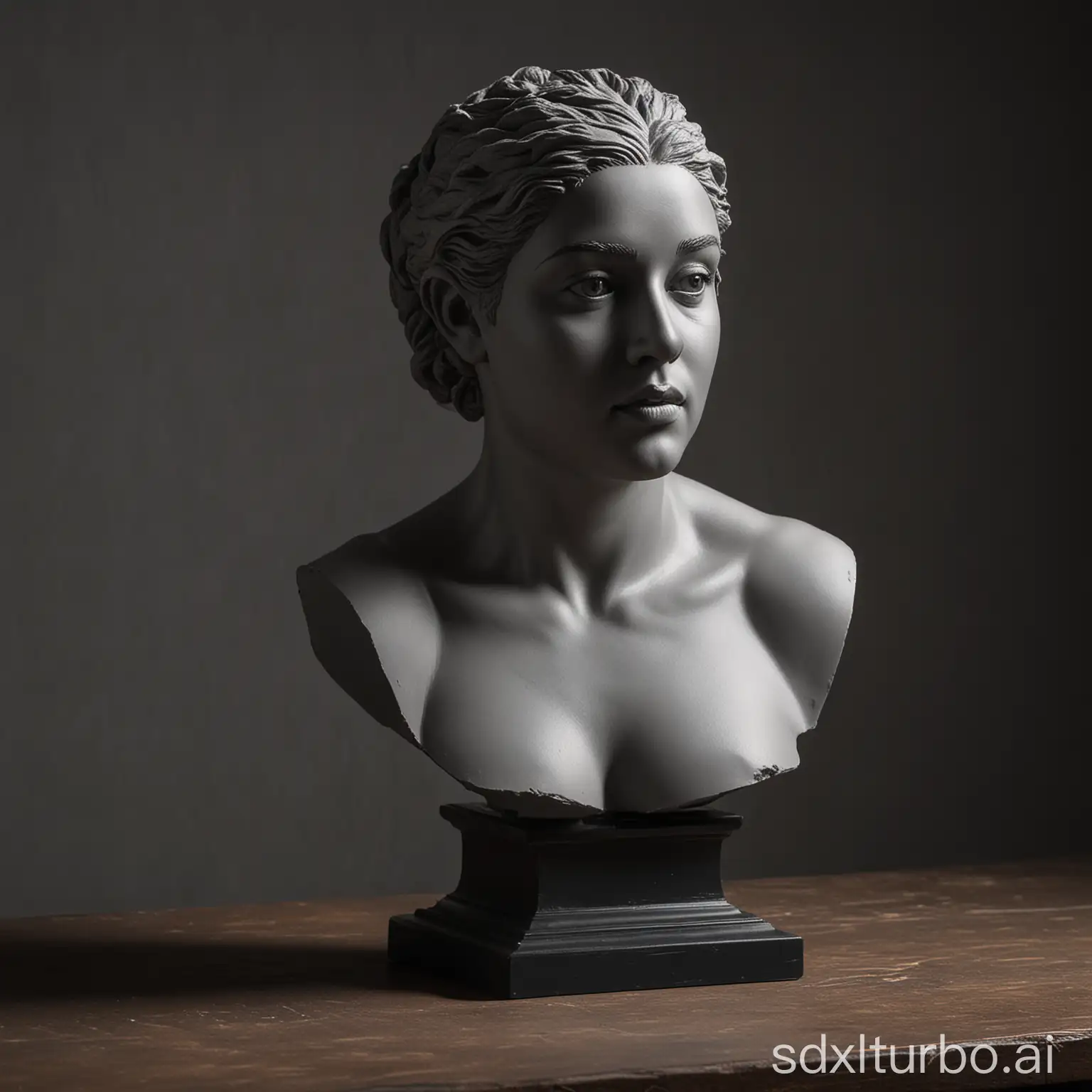 a bust with dramatic hard lighting in studio table top grey