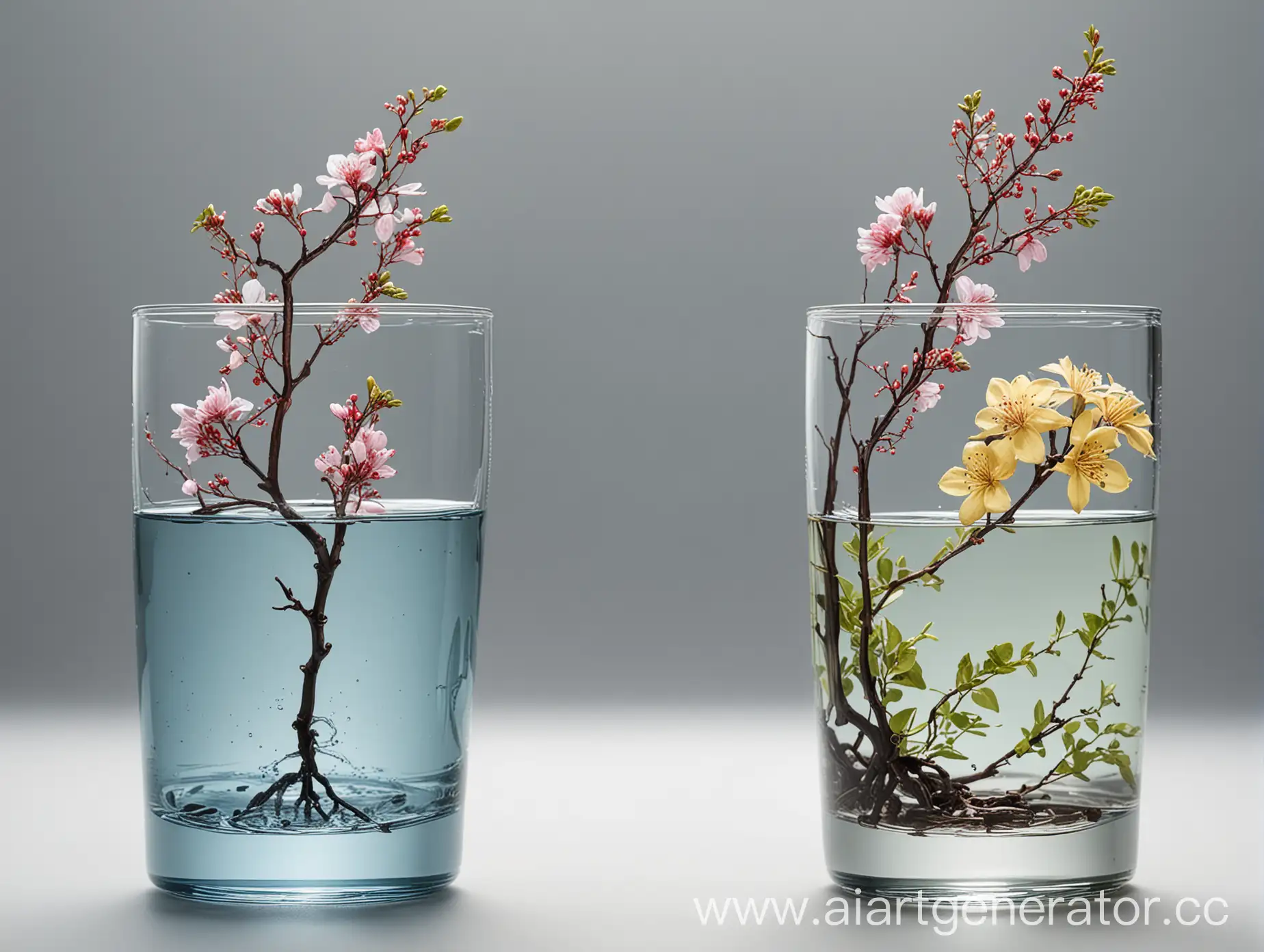 Схематичное изображение двух веточек в стакане. В одном ветка находится в чистой воде, она расцветает. Вторая находится в стакане с окрашенной водой, она завяла