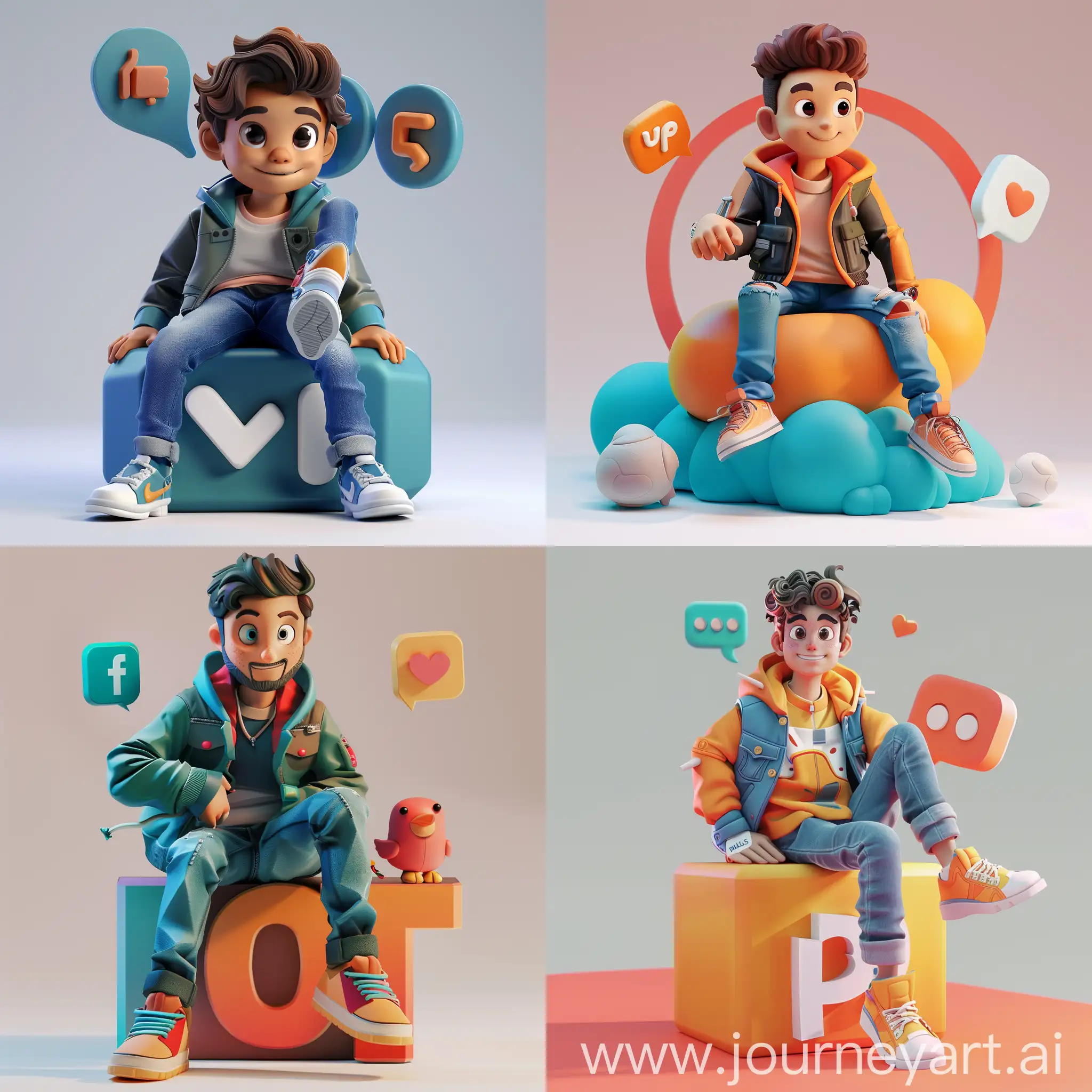 Create a 3D illustration of an animated character sitting casually on top of a social media logo "whats up". The character must wear casual modern clothing such as jeans jacket and sneakers shoes. The background of the image is a social media profile page with a user name "Palacious" and a profile picture that match.