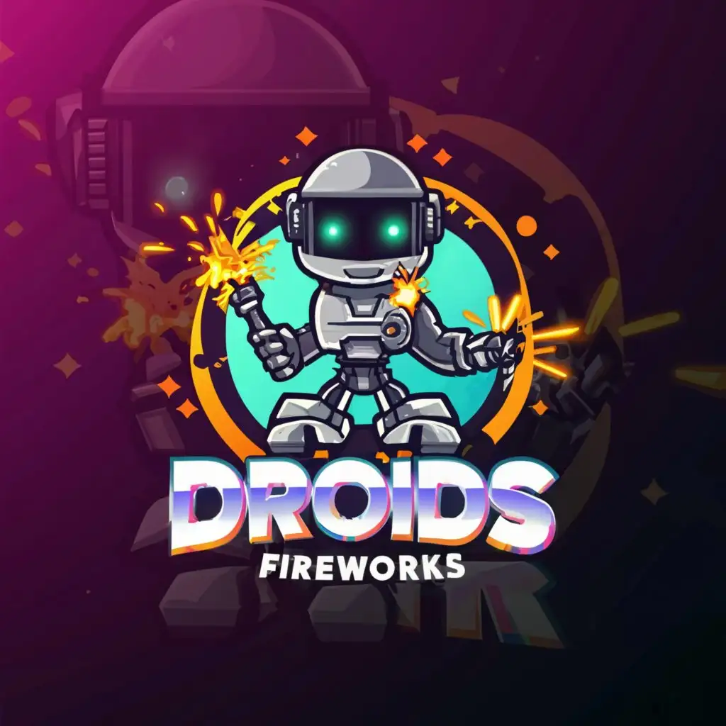 a logo design,with the text "droids fireworks", main symbol:a robot with a computer screen head is making fireworks. there is a celebration of fireworks in the background. the design is bordered in a circle,Moderate,be used in Retail industry,clear background