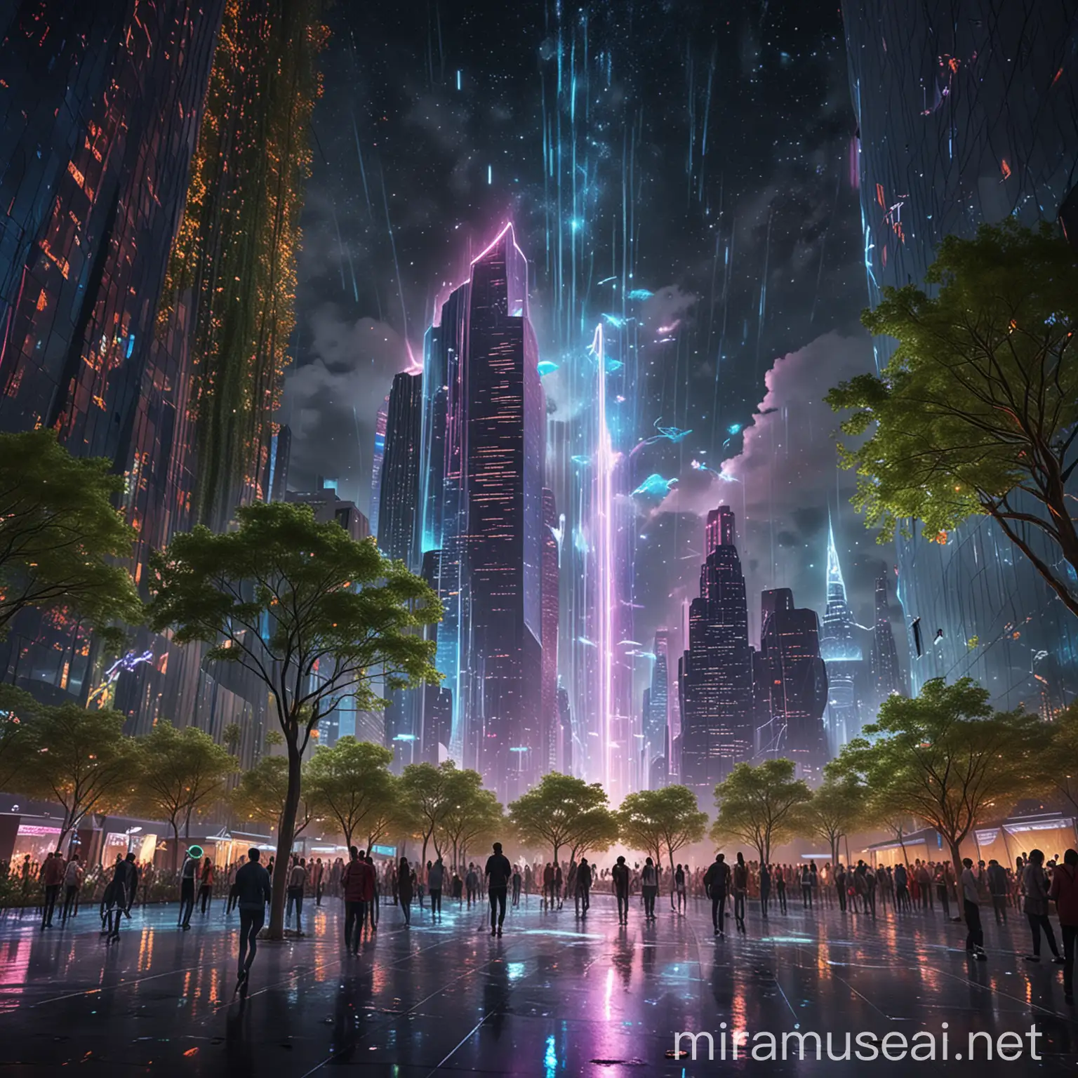 Futuristic City in the Clouds Neonlit Skyscrapers and Bioluminescent Parks