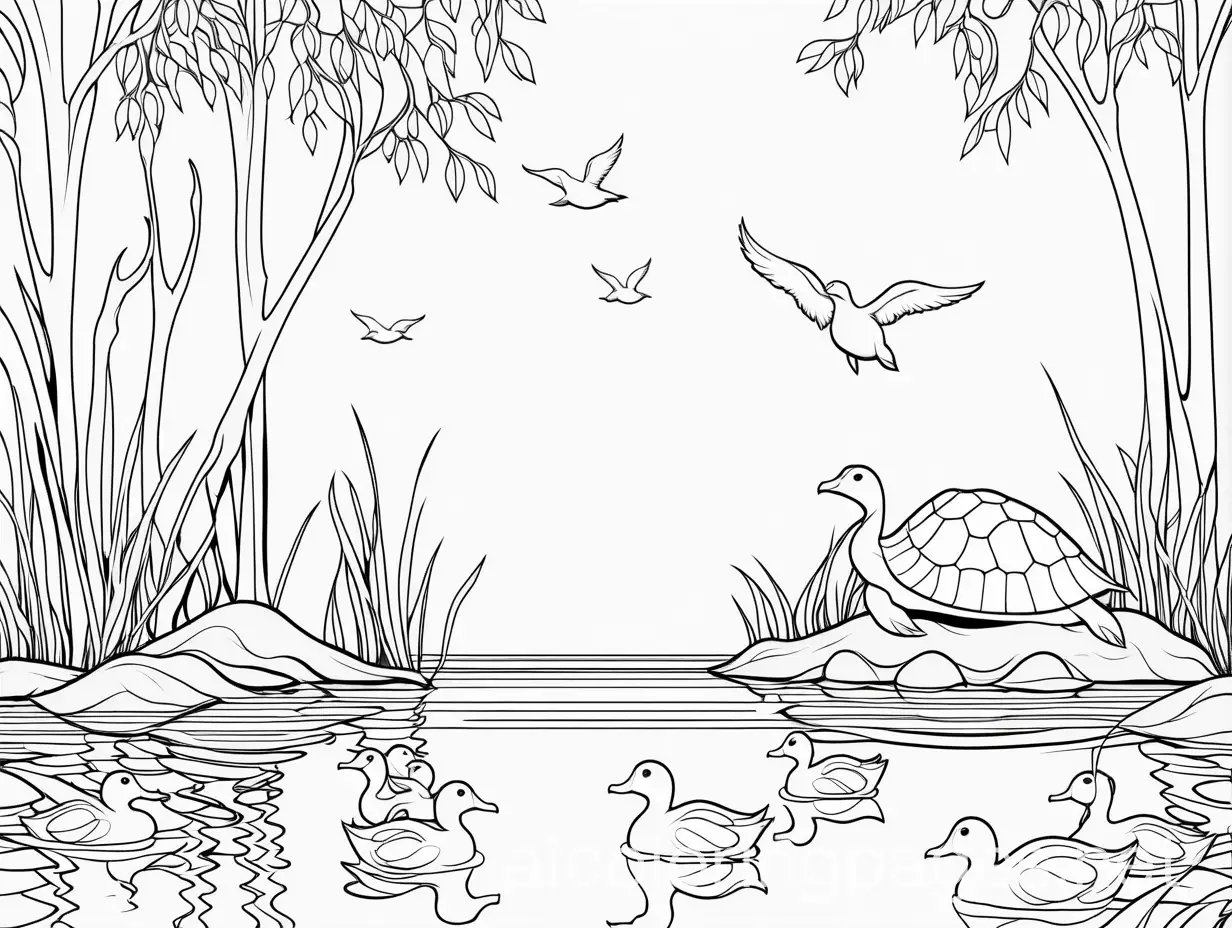 Adorable-Baby-Turtle-and-Ducks-Pond-Scene-Coloring-Page