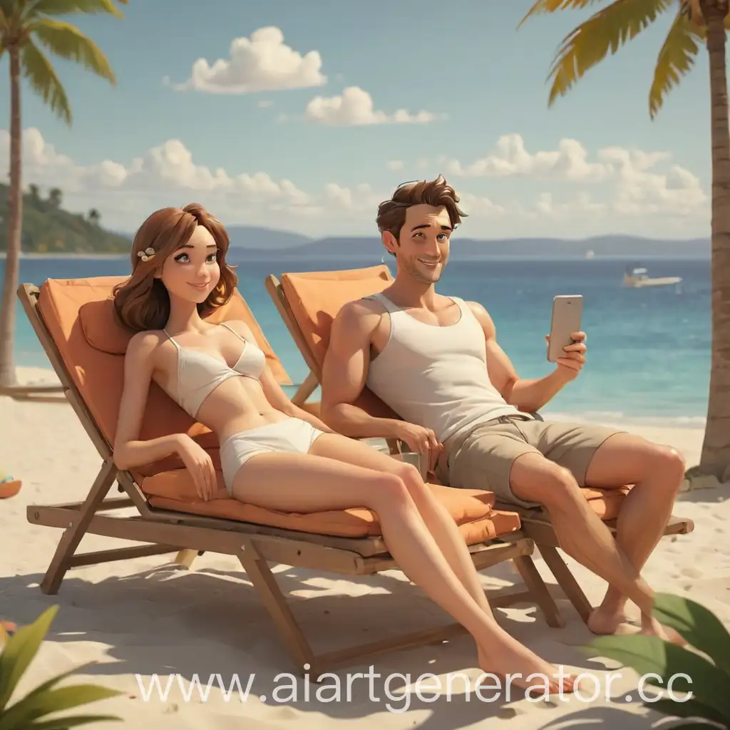 Cartoon-Couple-Relaxing-on-Beach-Loungers