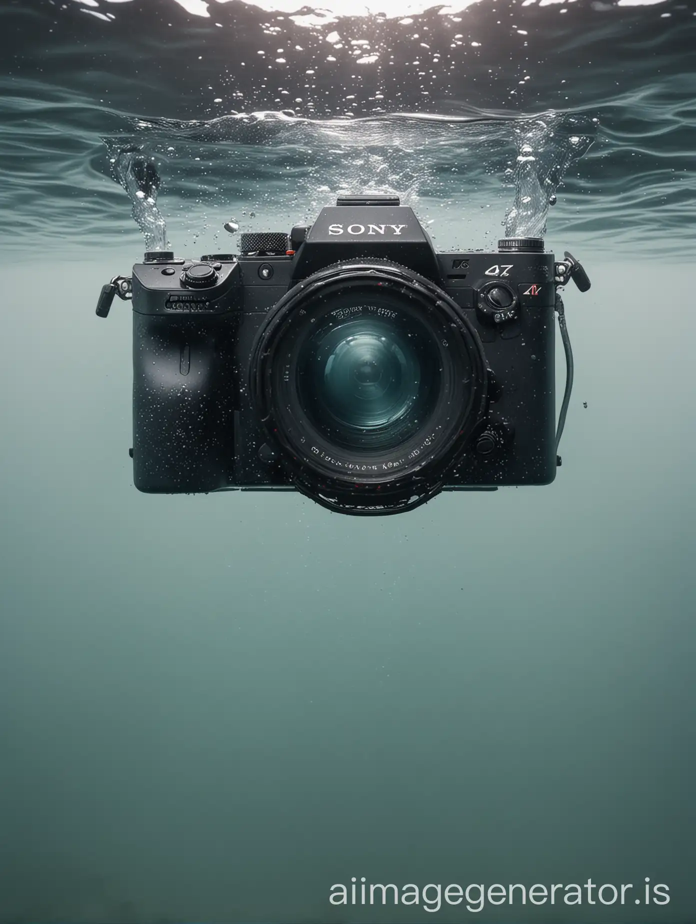 realistic under water, camera half in sea water, a sony camera mirrorless Alpha 7 s mark 2, neutral background.