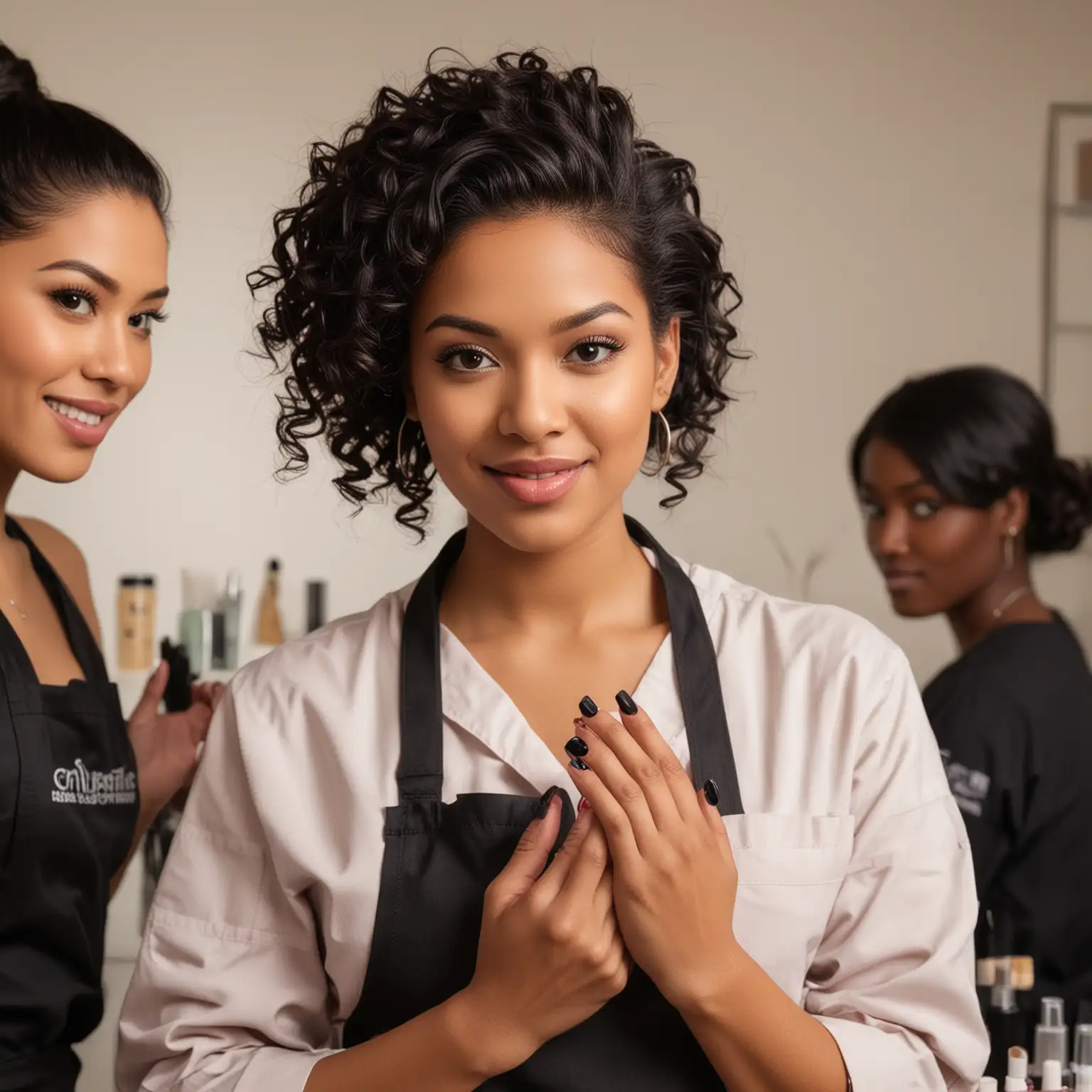 An image of a diverse ethnicity  Cosmetologist, Nail Technician, and Esthetician with a silhouette of a salon in the background 